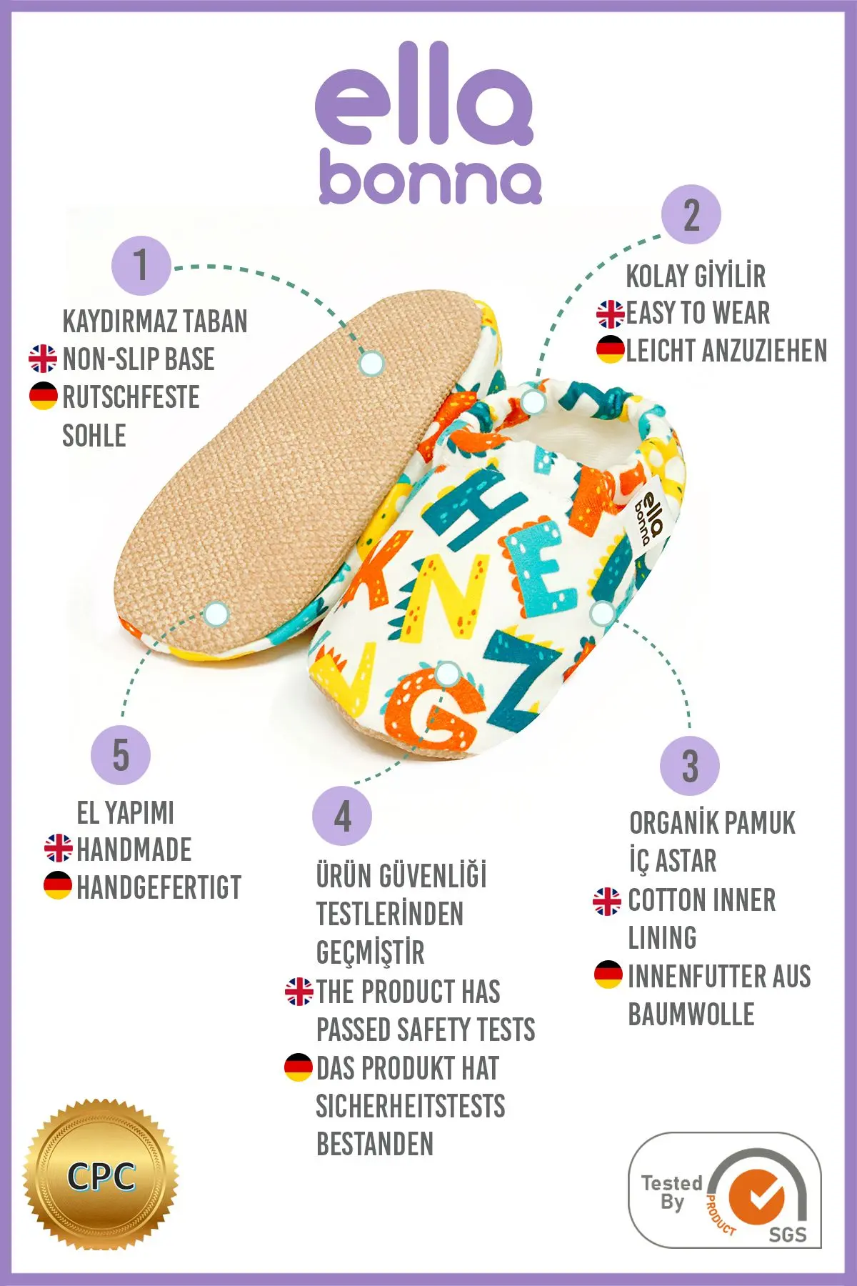 Kaydırmaz Taban Harf Desenli Bebek Patik, Ev Botu Terliği Kreş Ayakkabısı Panduf