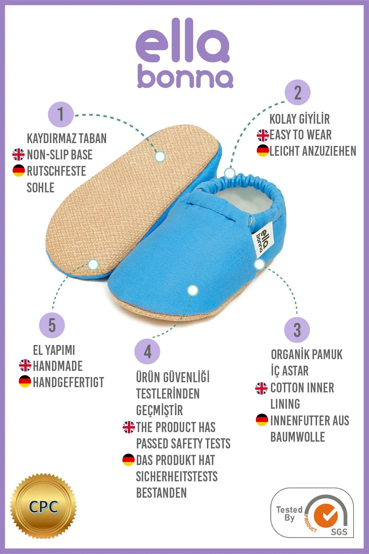 Kaydırmaz Taban Mavi Bebek Patik, Ev Botu Terliği Kreş Ayakkabısı Panduf