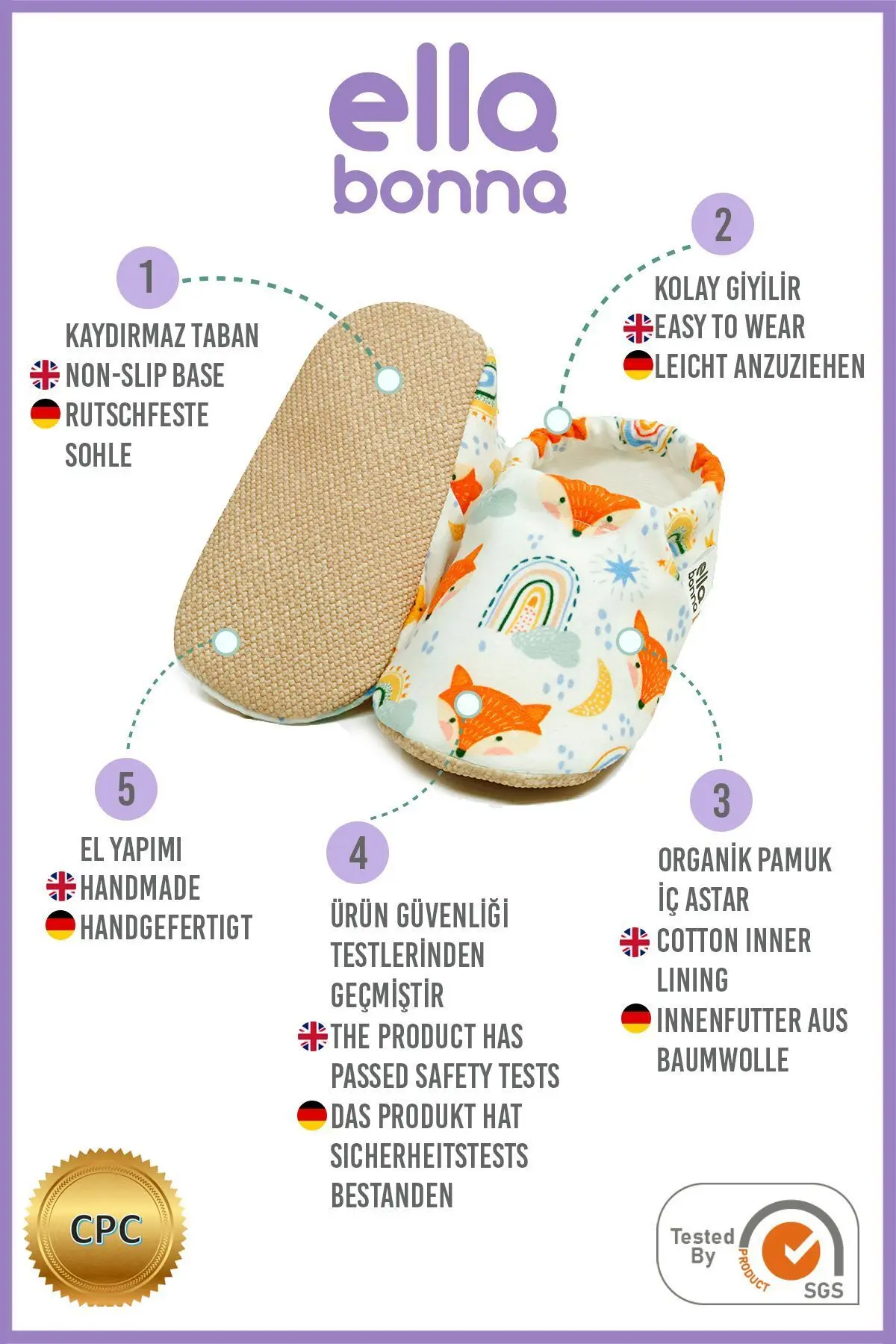 Kaydırmaz Taban Tilki Bebek Patik, Ev Botu Terliği Kreş Ayakkabısı Panduf