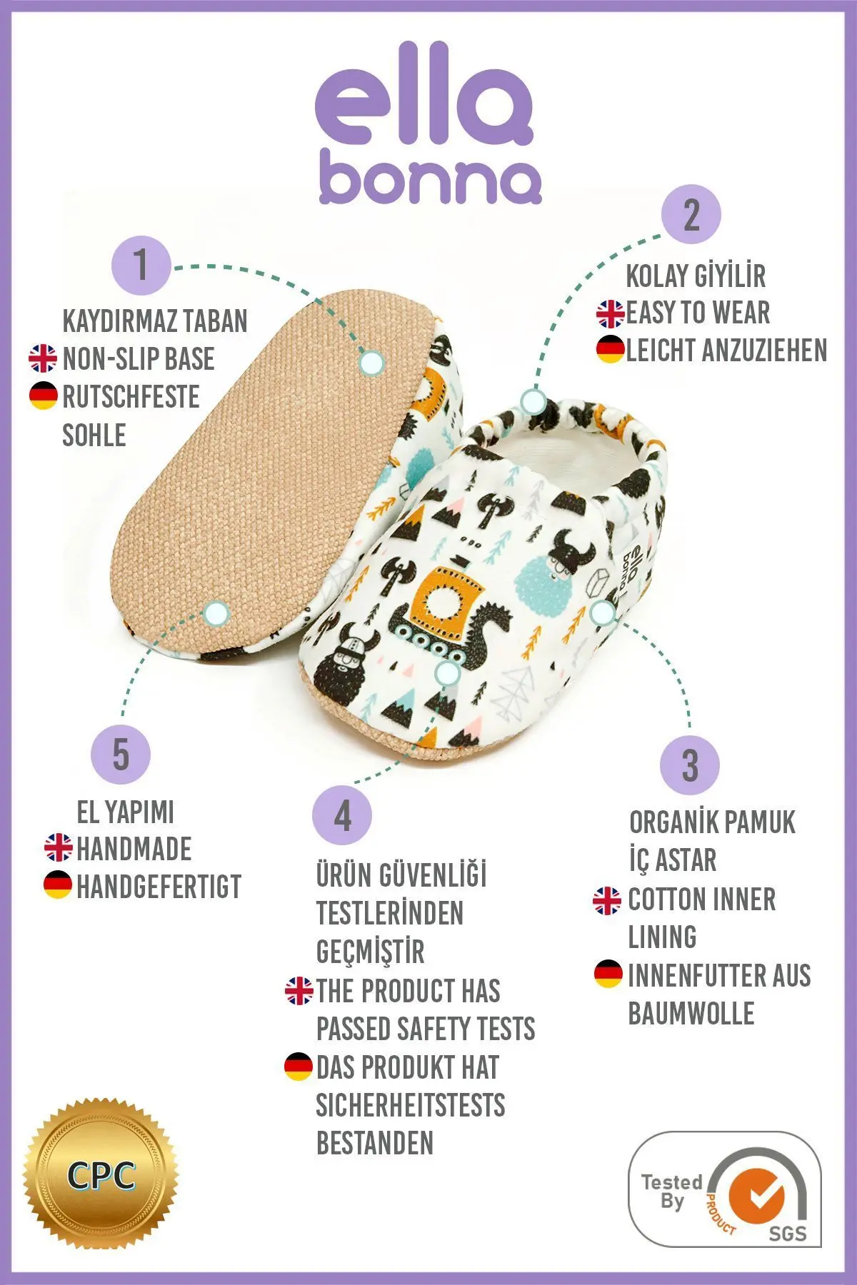 Kaydırmaz Taban Vikingler Bebek Patik, Ev Botu Terliği Kreş Ayakkabısı Panduf