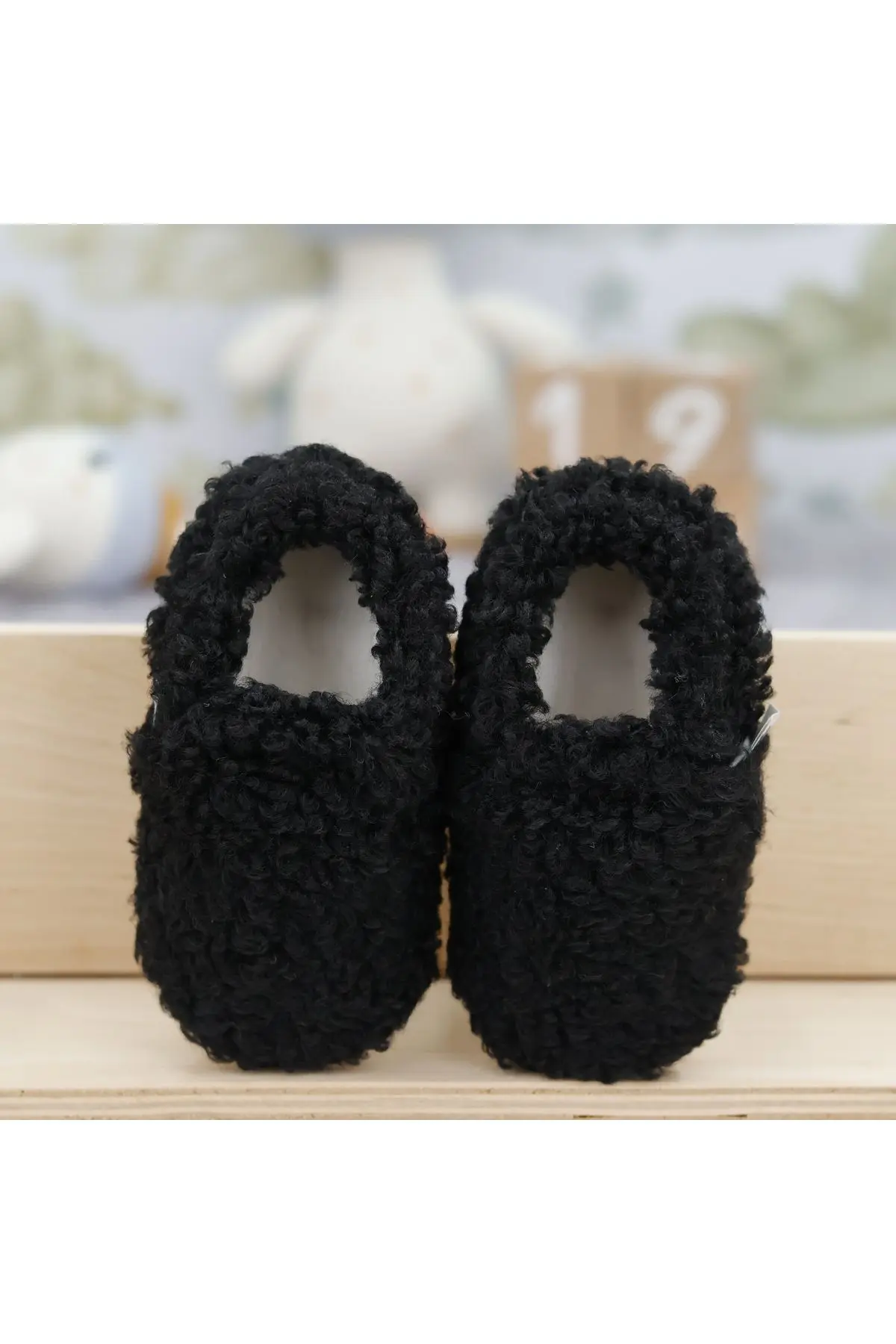 Teddy Bebek Pandufu Ev Patiği, Kaydırmaz Taban, Organik Pamuk Astar, Ev Kreş Ayakkabısı Siyah