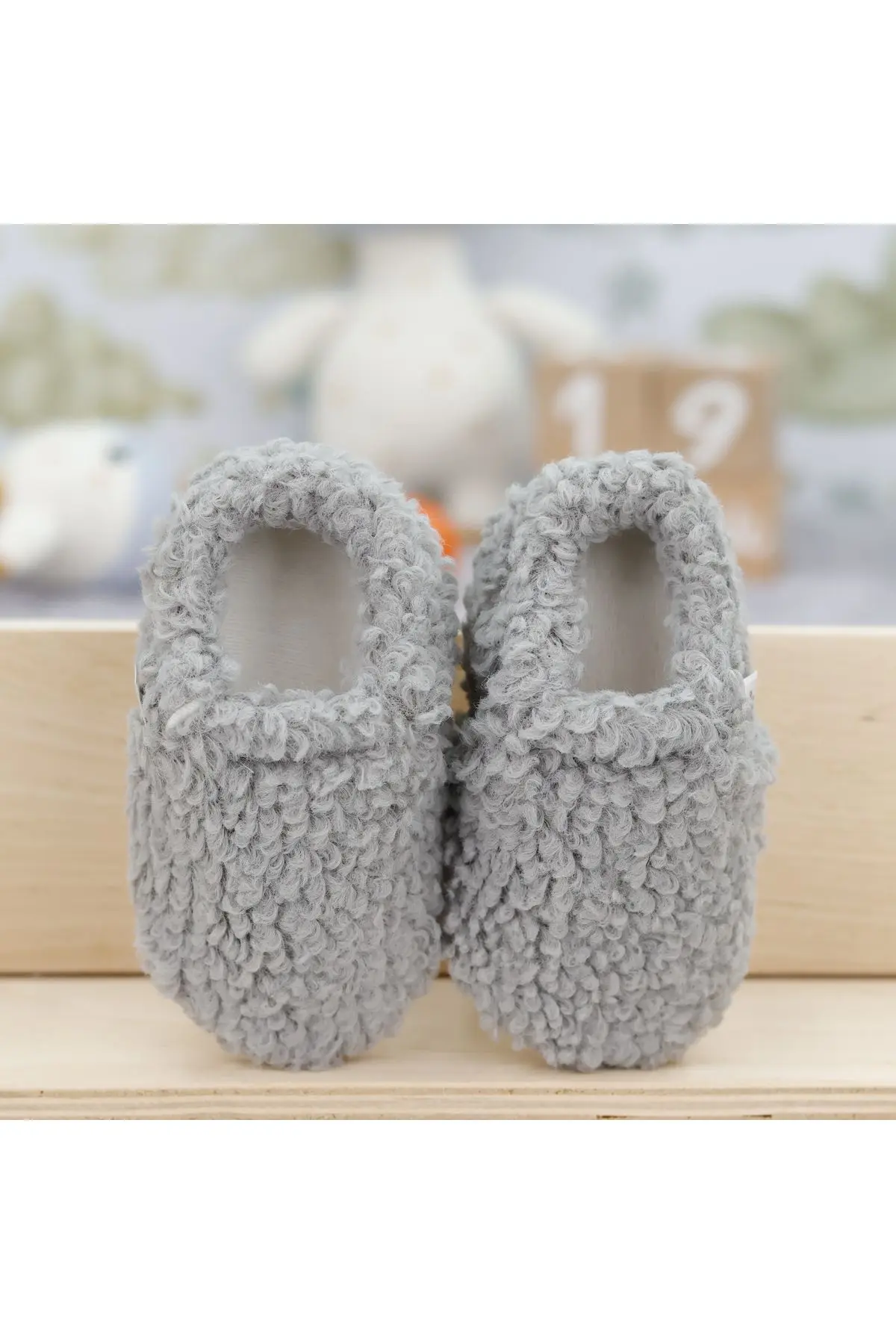 Teddy Bebek Pandufu Ev Patiği, Kaydırmaz Taban, Organik Pamuk Astar, Ev Kreş Ayakkabısı Gri