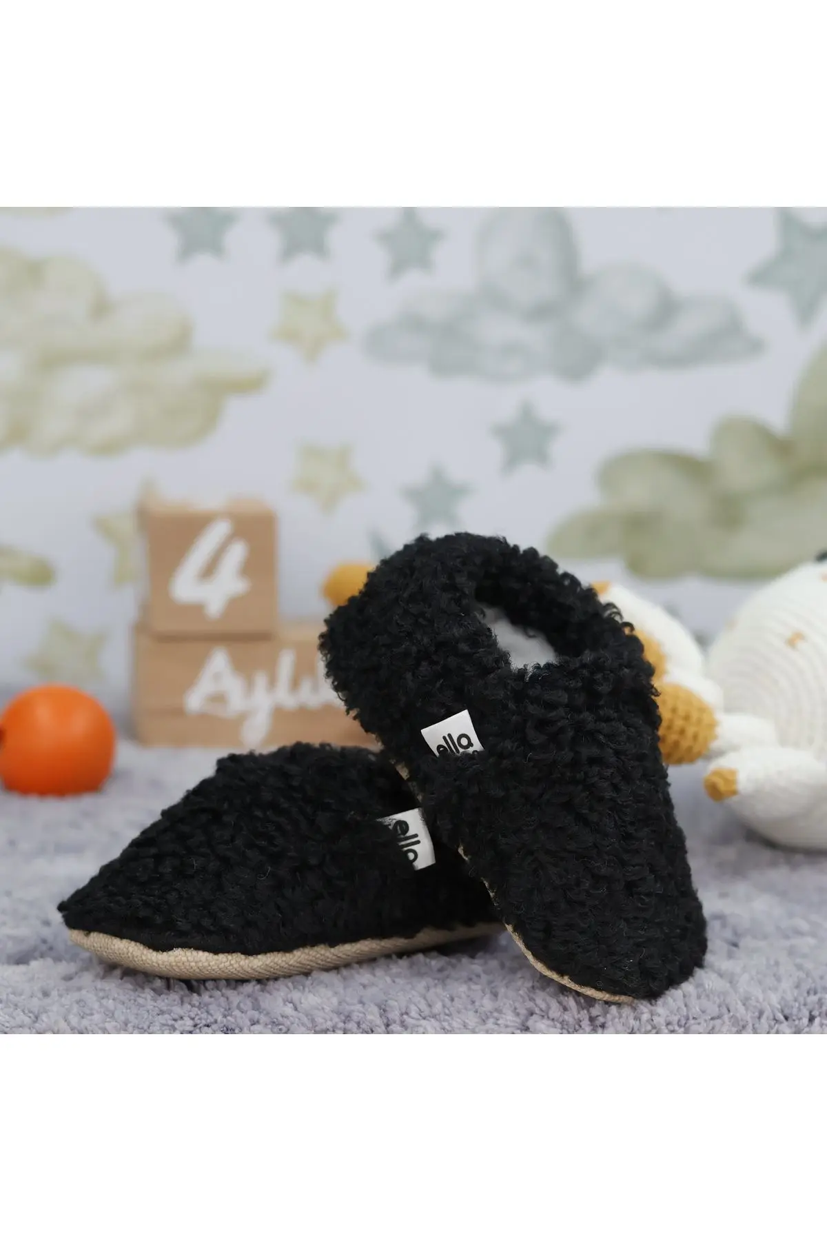 Teddy Bebek Pandufu Ev Patiği, Kaydırmaz Taban, Organik Pamuk Astar, Ev Kreş Ayakkabısı Siyah