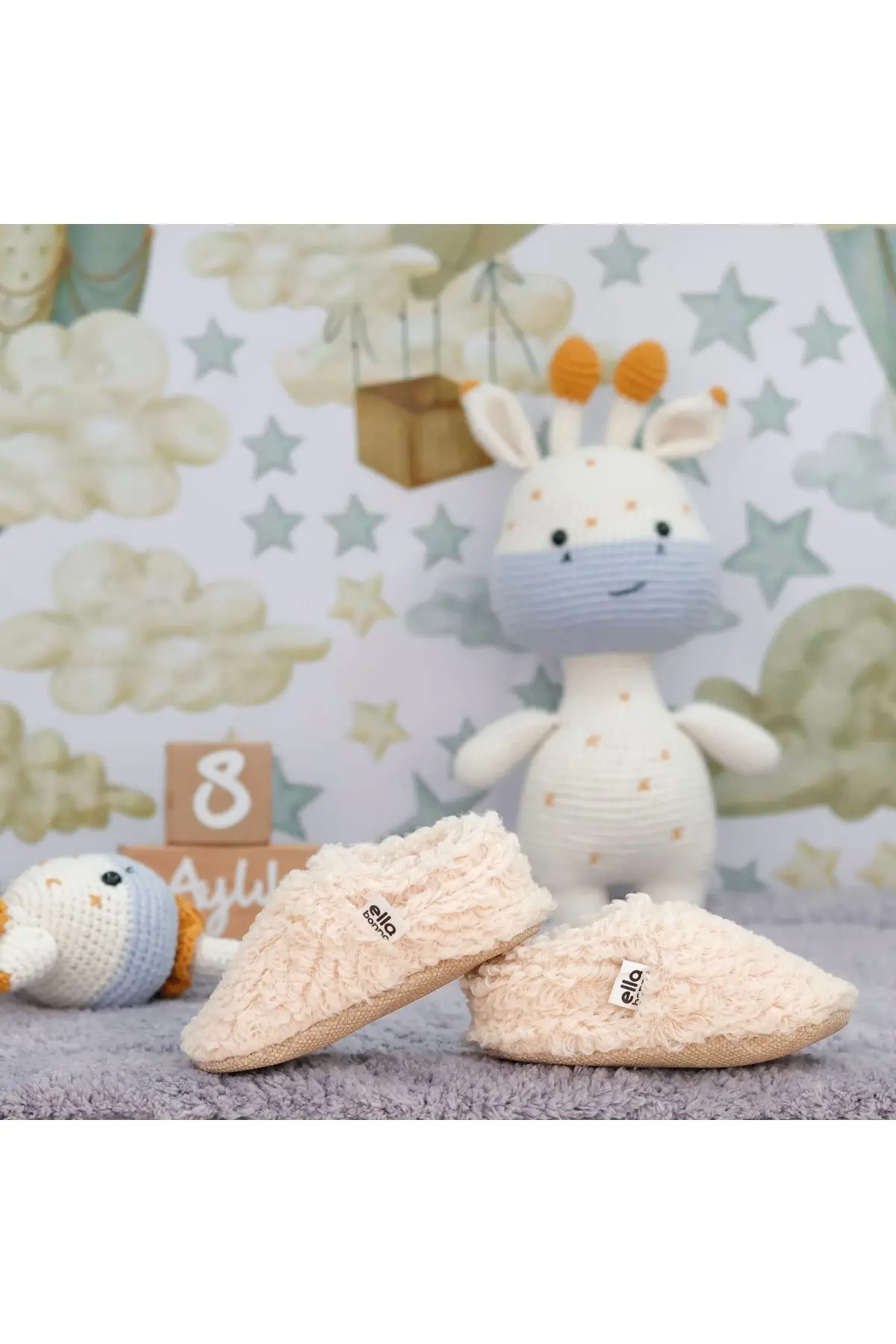 Teddy Bebek Pandufu Ev Patiği, Kaydırmaz Taban, Organik Pamuk Astar, Ev Kreş Ayakkabısı Bej