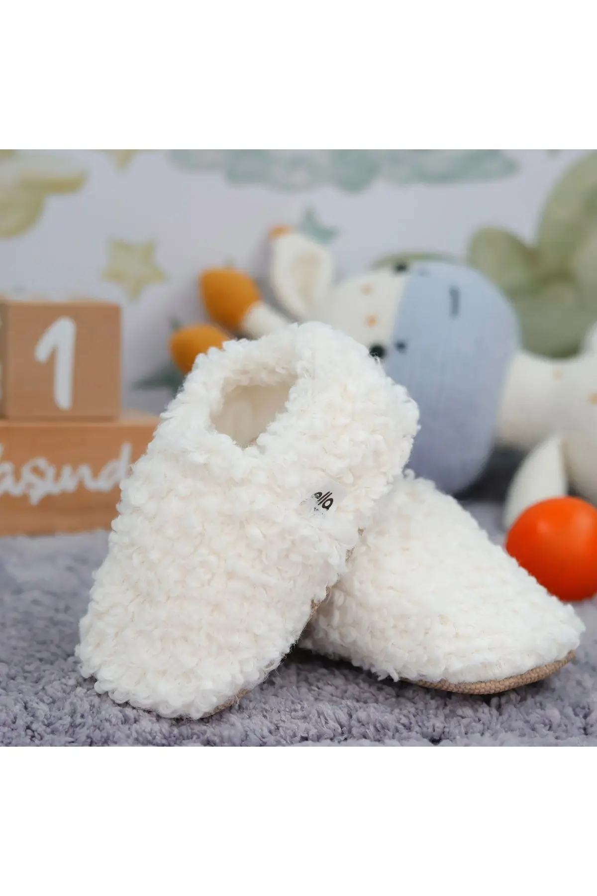 Teddy Bebek Pandufu Ev Patiği, Kaydırmaz Taban, Organik Pamuk Astar, Ev Kreş Ayakkabısı Kırık Beyaz