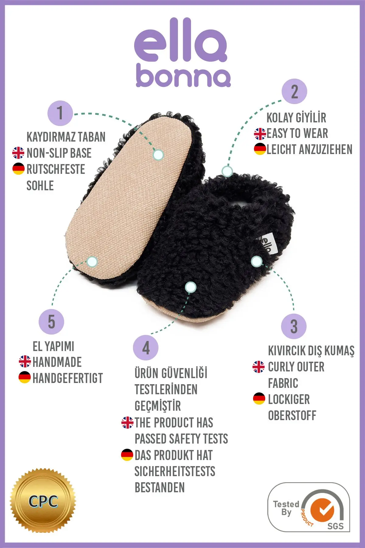 Teddy Bebek Pandufu Ev Patiği, Kaydırmaz Taban, Organik Pamuk Astar, Ev Kreş Ayakkabısı Siyah