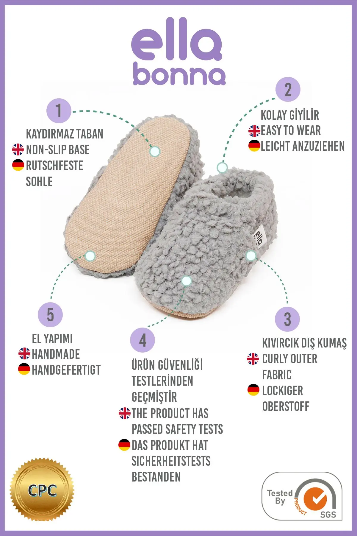 Teddy Bebek Pandufu Ev Patiği, Kaydırmaz Taban, Organik Pamuk Astar, Ev Kreş Ayakkabısı Gri