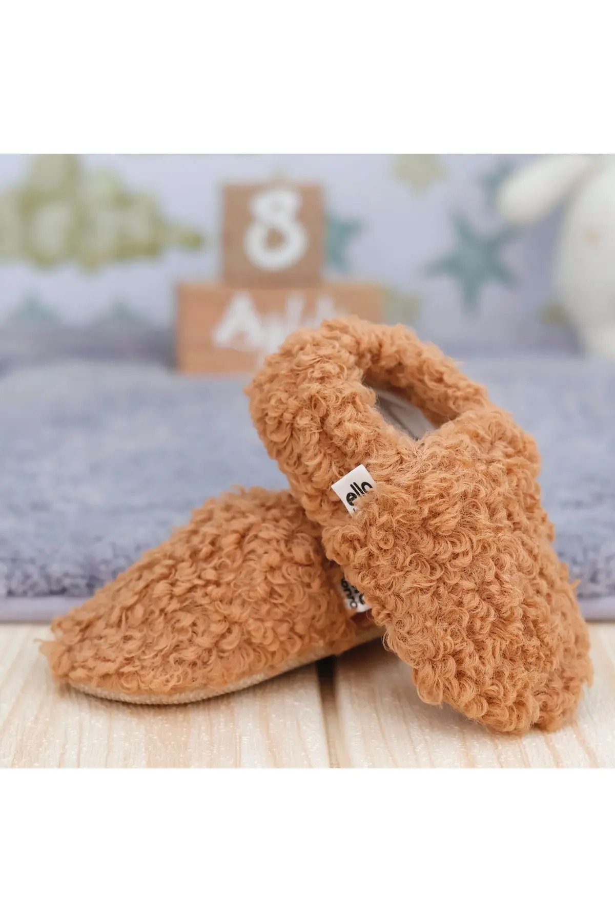 Teddy Bebek Pandufu Ev Patiği, Kaydırmaz Taban, Organik Pamuk Astar, Ev Kreş Ayakkabısı Taba
