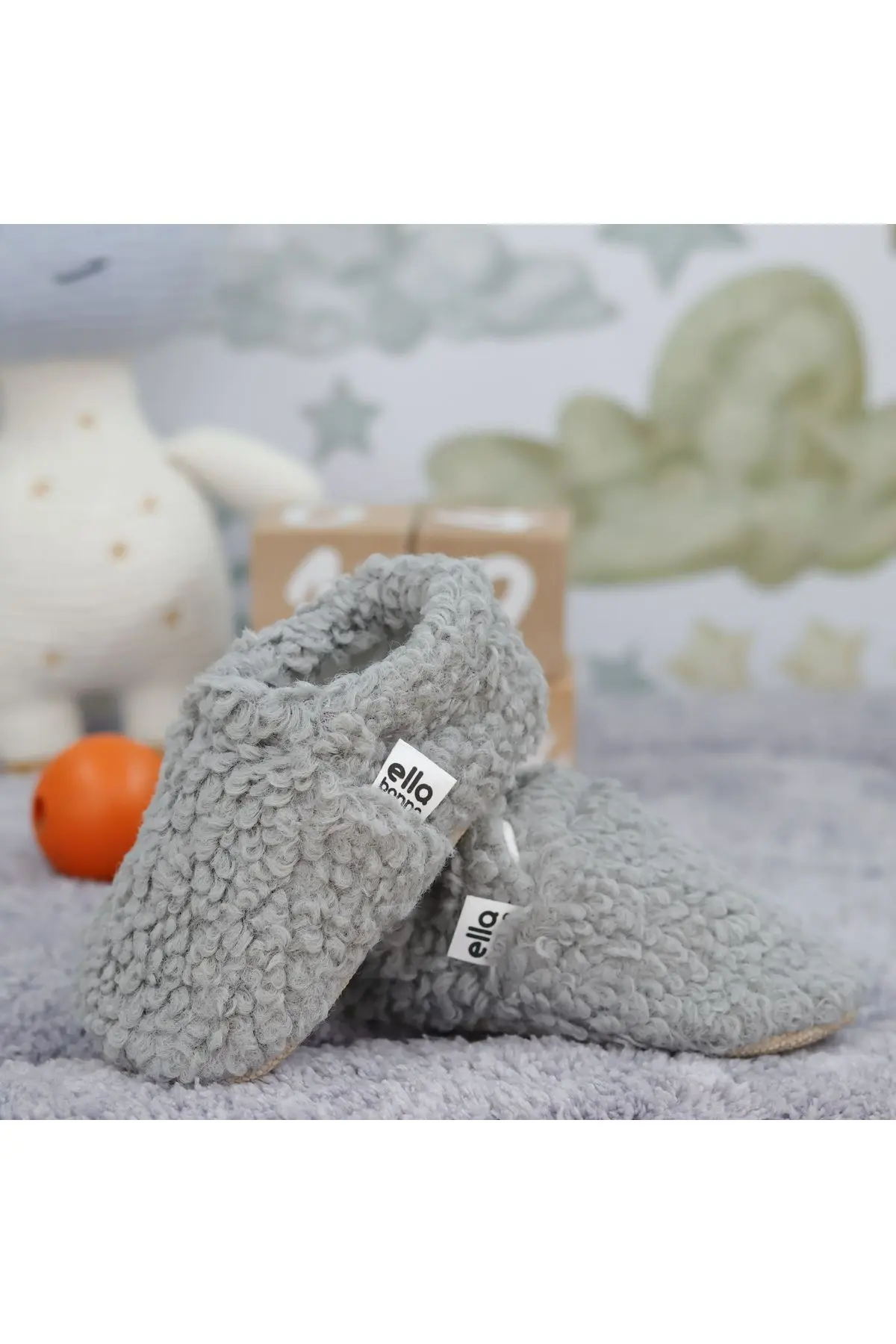 Teddy Bebek Pandufu Ev Patiği, Kaydırmaz Taban, Organik Pamuk Astar, Ev Kreş Ayakkabısı Gri