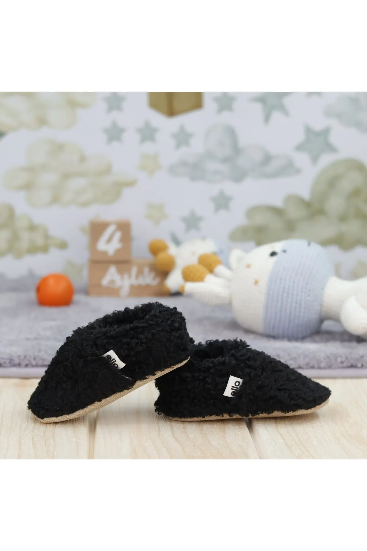 Teddy Bebek Pandufu Ev Patiği, Kaydırmaz Taban, Organik Pamuk Astar, Ev Kreş Ayakkabısı Siyah