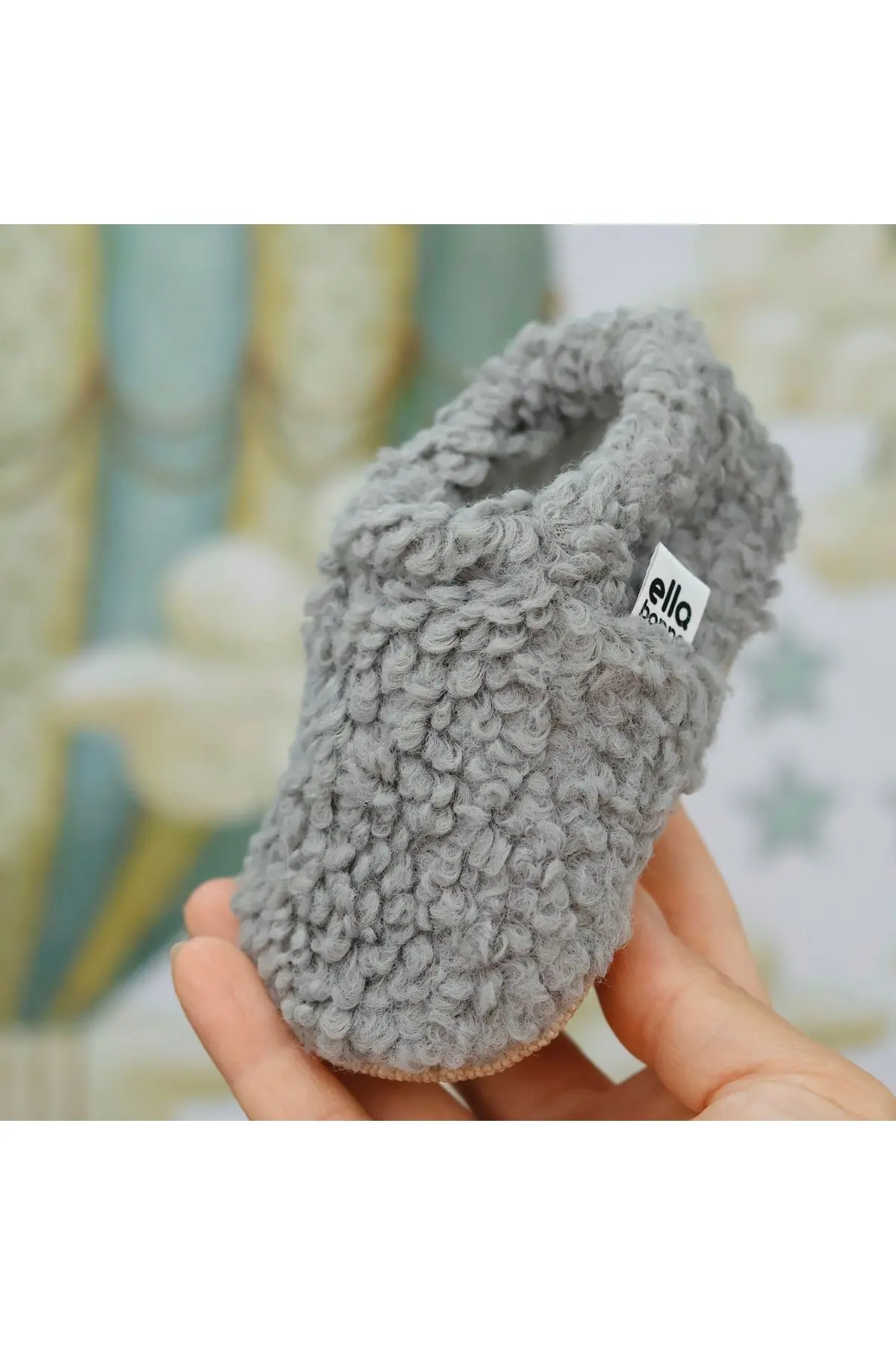 Teddy Bebek Pandufu Ev Patiği, Kaydırmaz Taban, Organik Pamuk Astar, Ev Kreş Ayakkabısı Gri