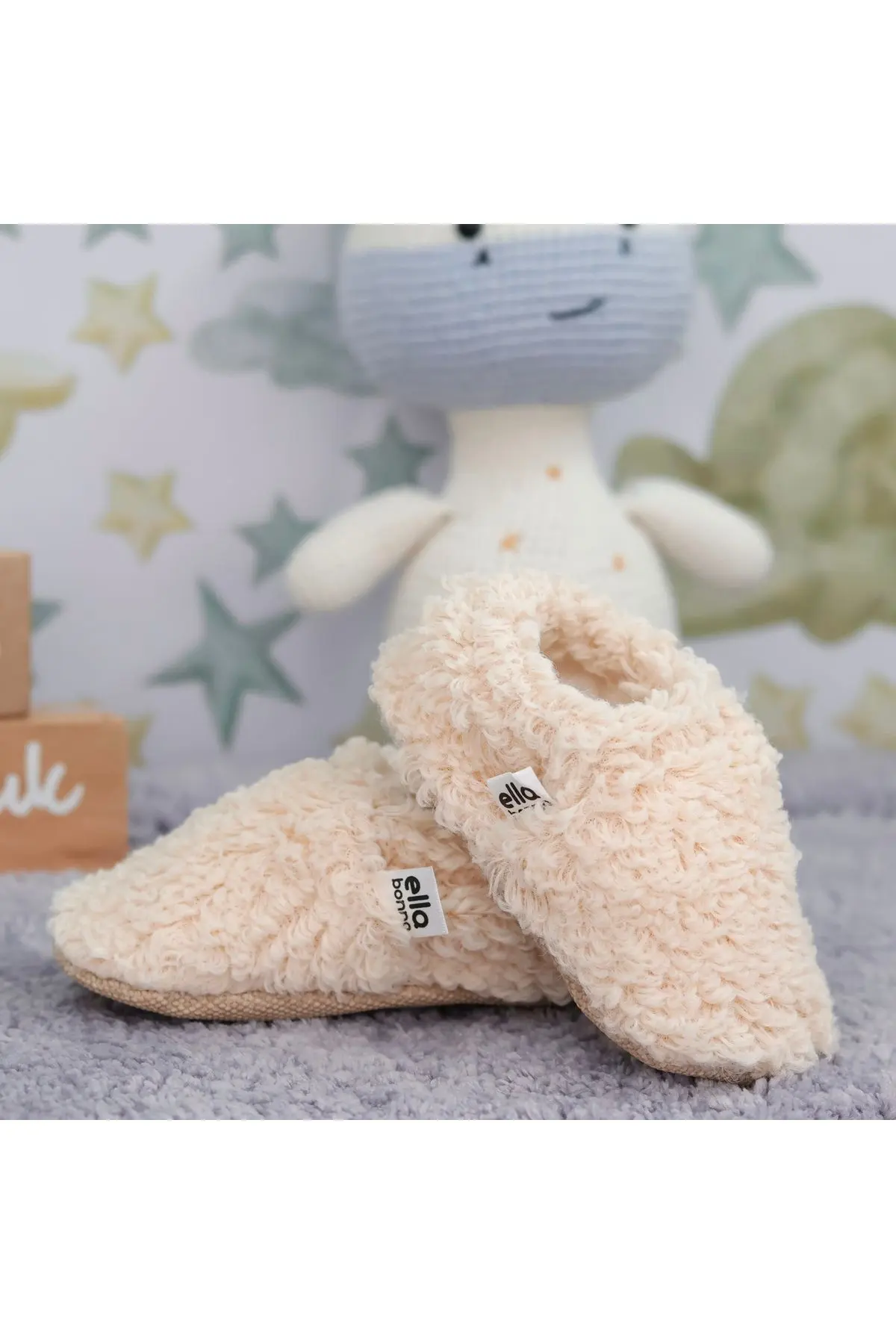 Teddy Bebek Pandufu Ev Patiği, Kaydırmaz Taban, Organik Pamuk Astar, Ev Kreş Ayakkabısı Bej