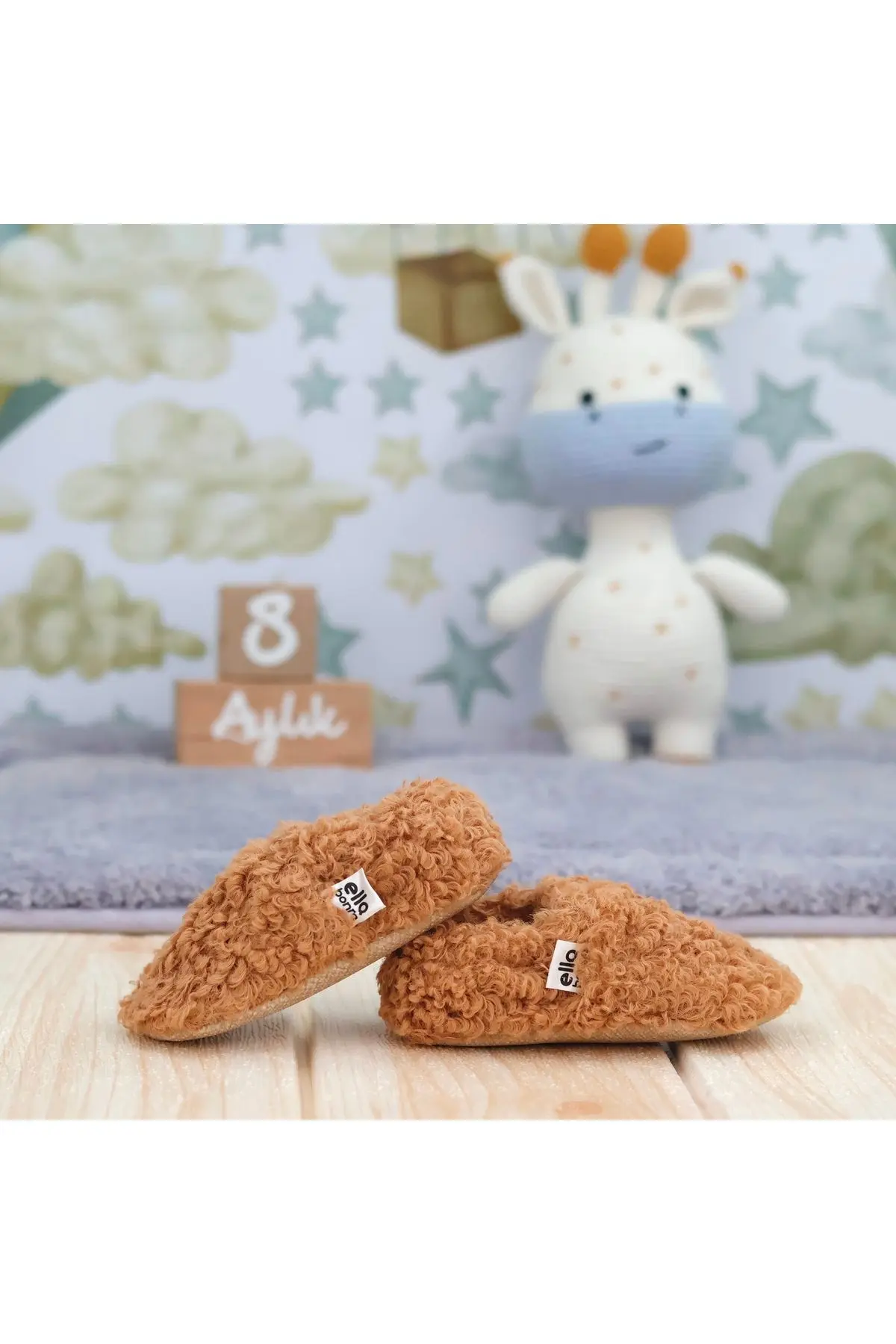 Teddy Bebek Pandufu Ev Patiği, Kaydırmaz Taban, Organik Pamuk Astar, Ev Kreş Ayakkabısı Taba