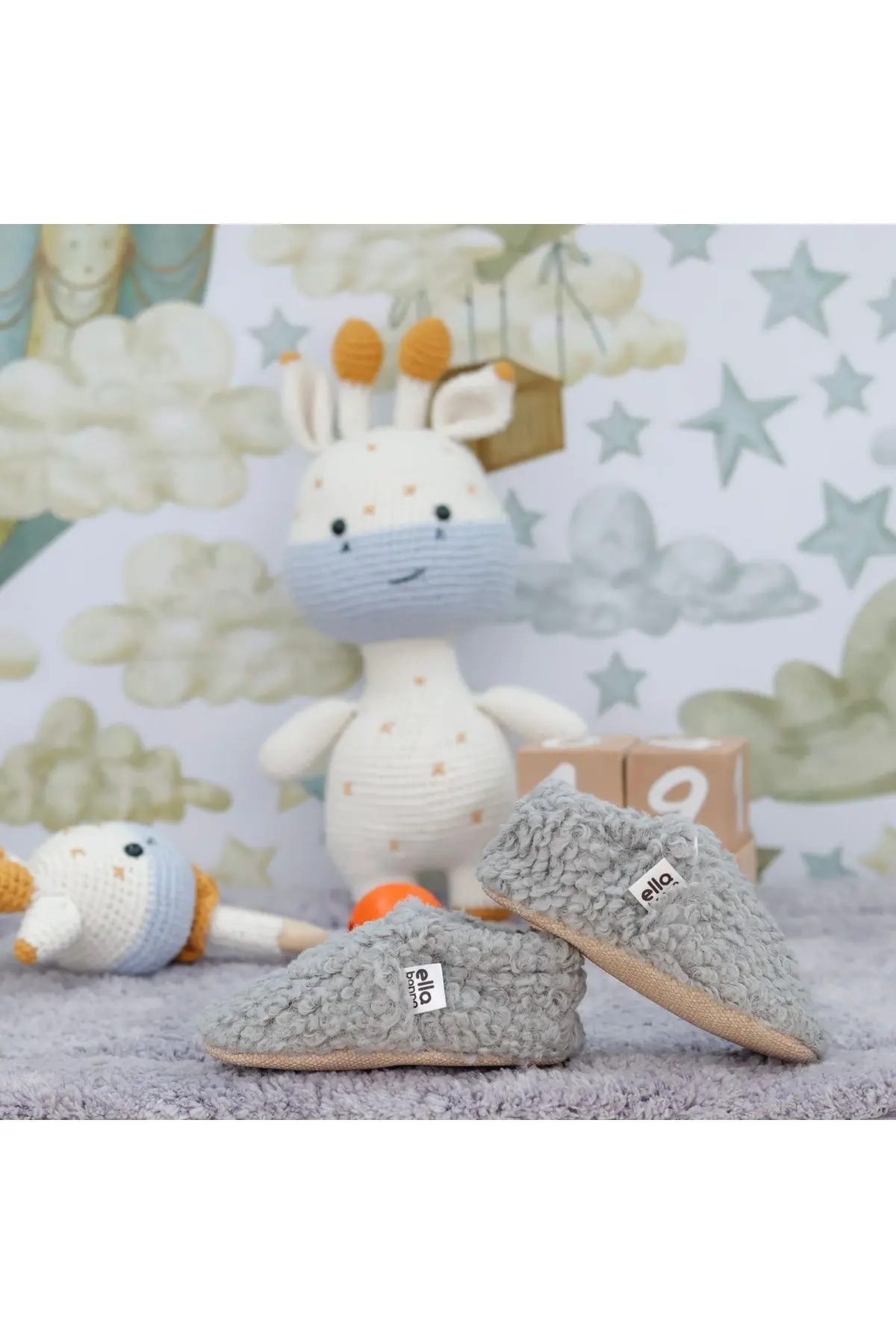 Teddy Bebek Pandufu Ev Patiği, Kaydırmaz Taban, Organik Pamuk Astar, Ev Kreş Ayakkabısı Gri