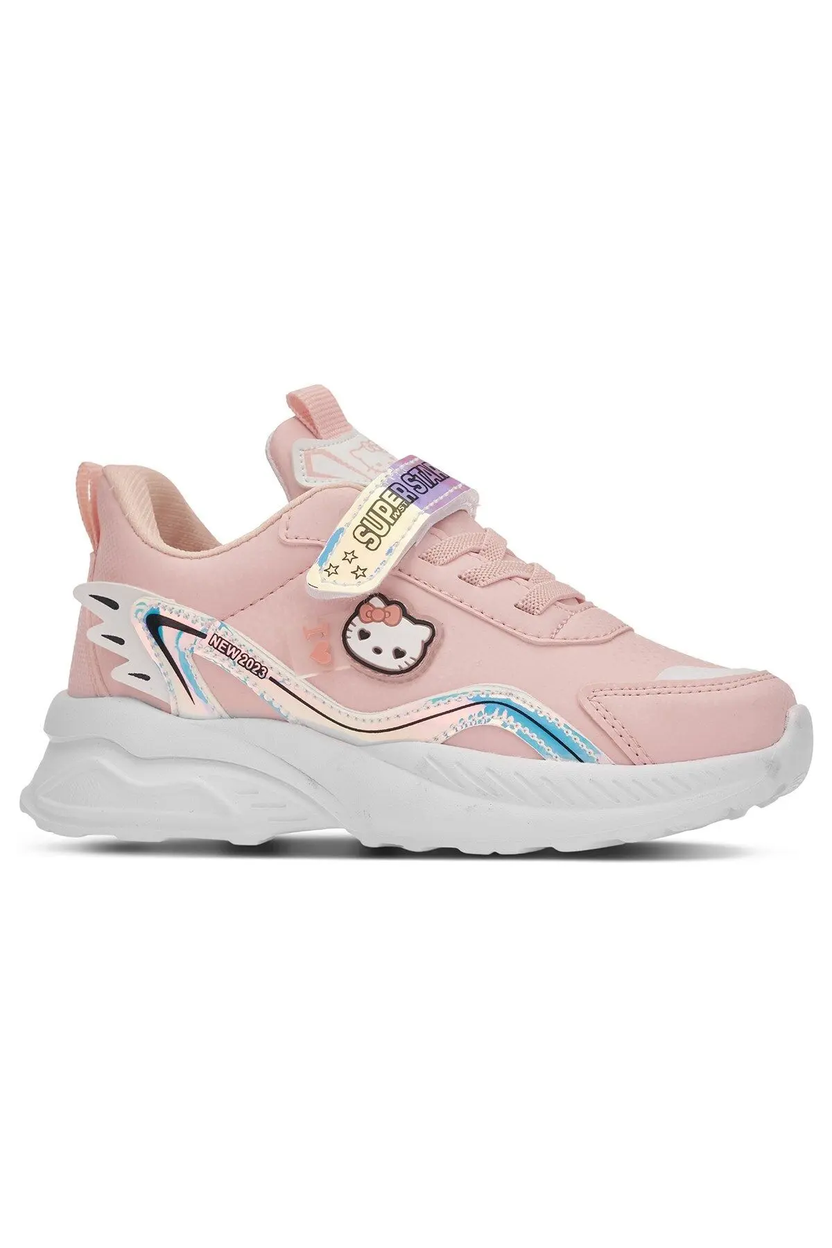İmerShoes Günlük Pudra Beyaz Kız Çocuk Sneaker Lastik Bağcıklı Hologram Cırtlı Hello Kitty Ayakkabı 1907