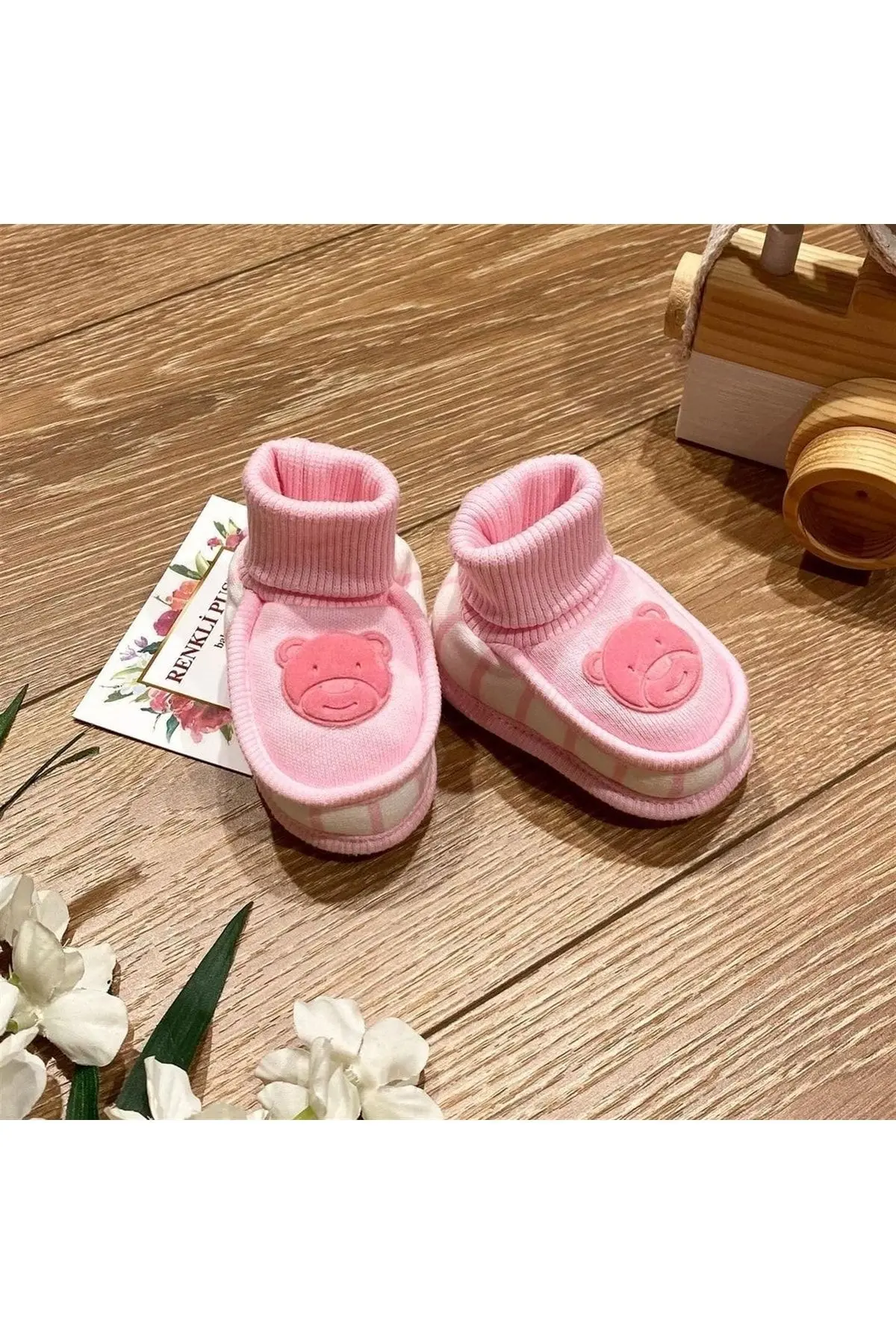 Penye Bebek Patik Süet Teddy Ayı Baskılı Pembe