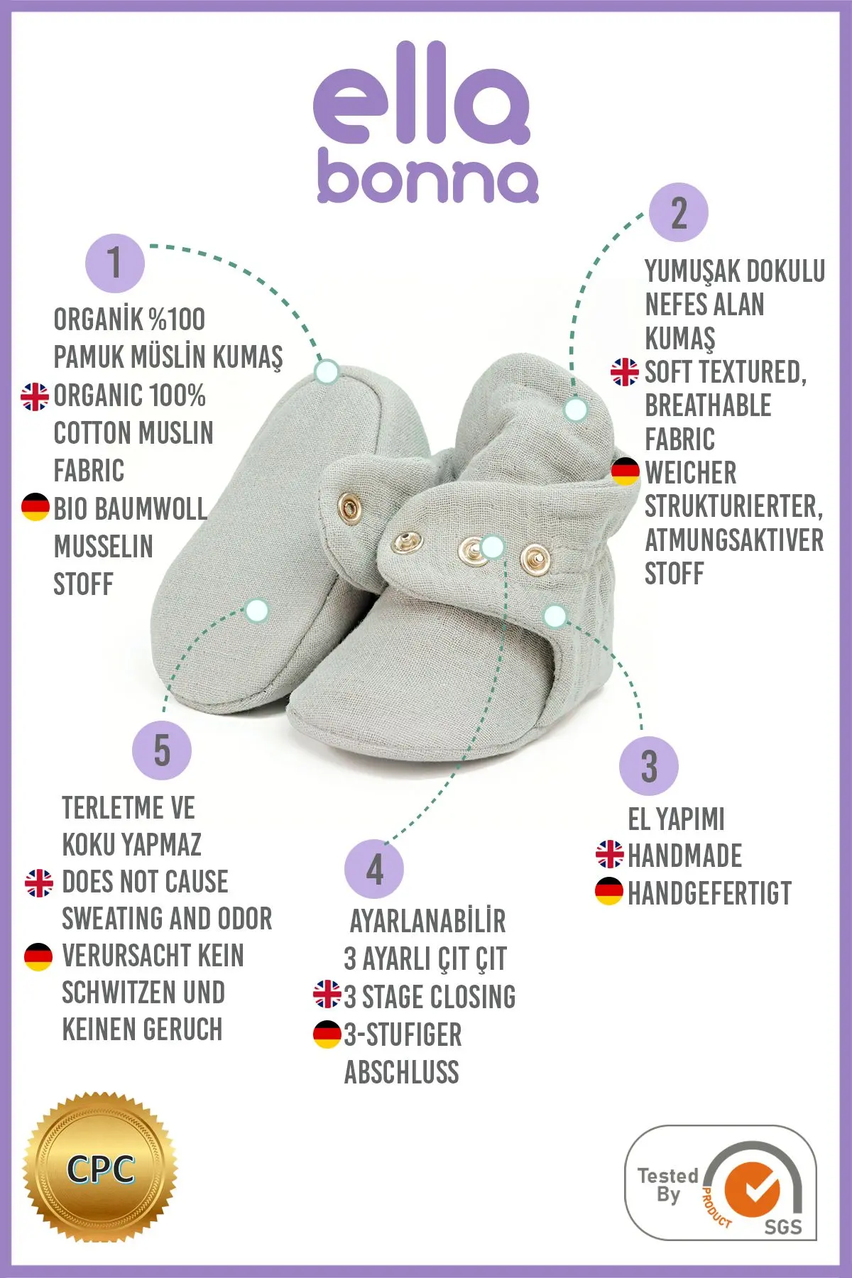 Organik Pamuk Müslin Bebek Patiği, Yenidoğan Pandufu,gri