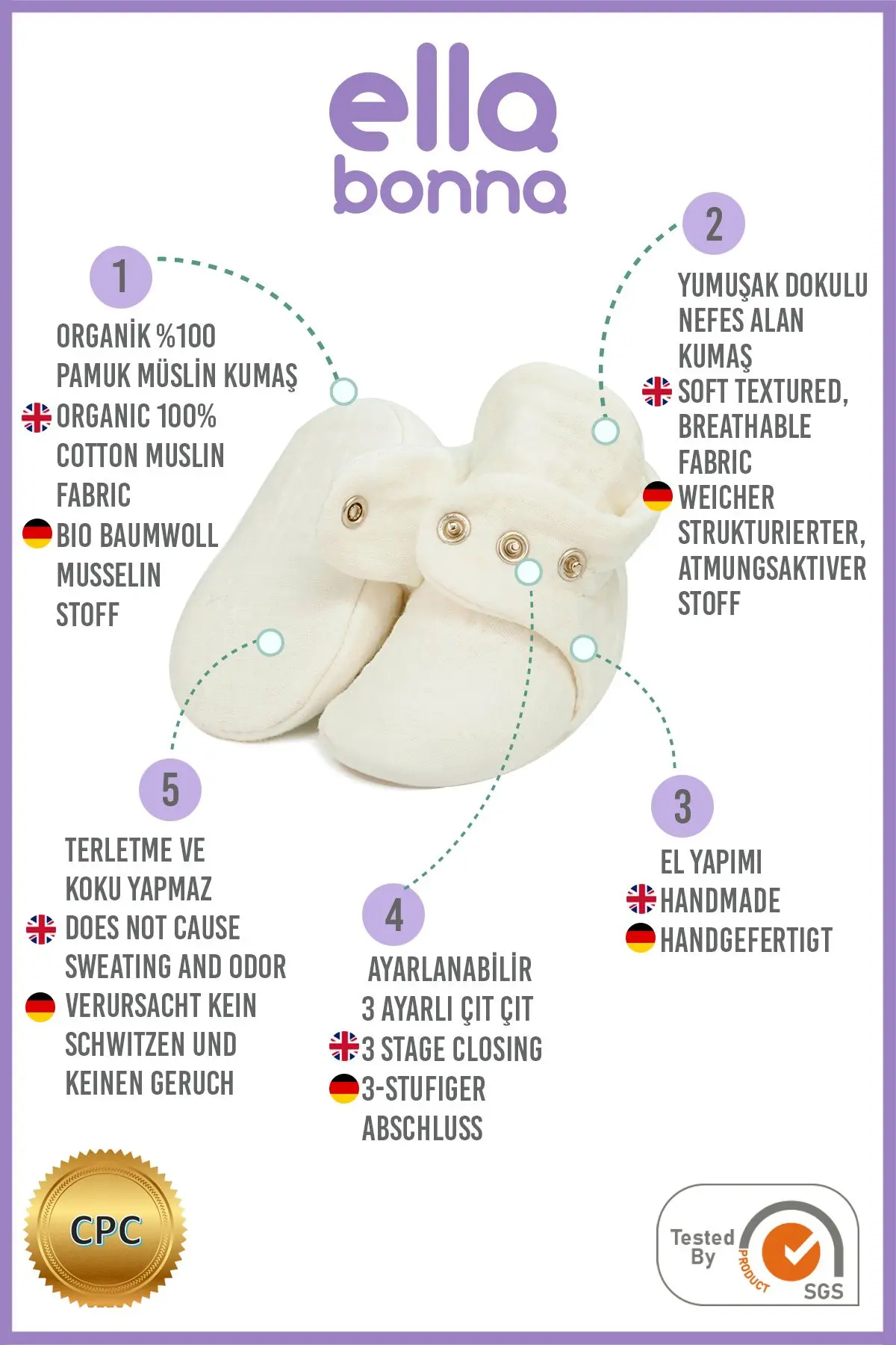 Organik Pamuk Müslin Bebek Patiği, Yenidoğan Pandufu,krem