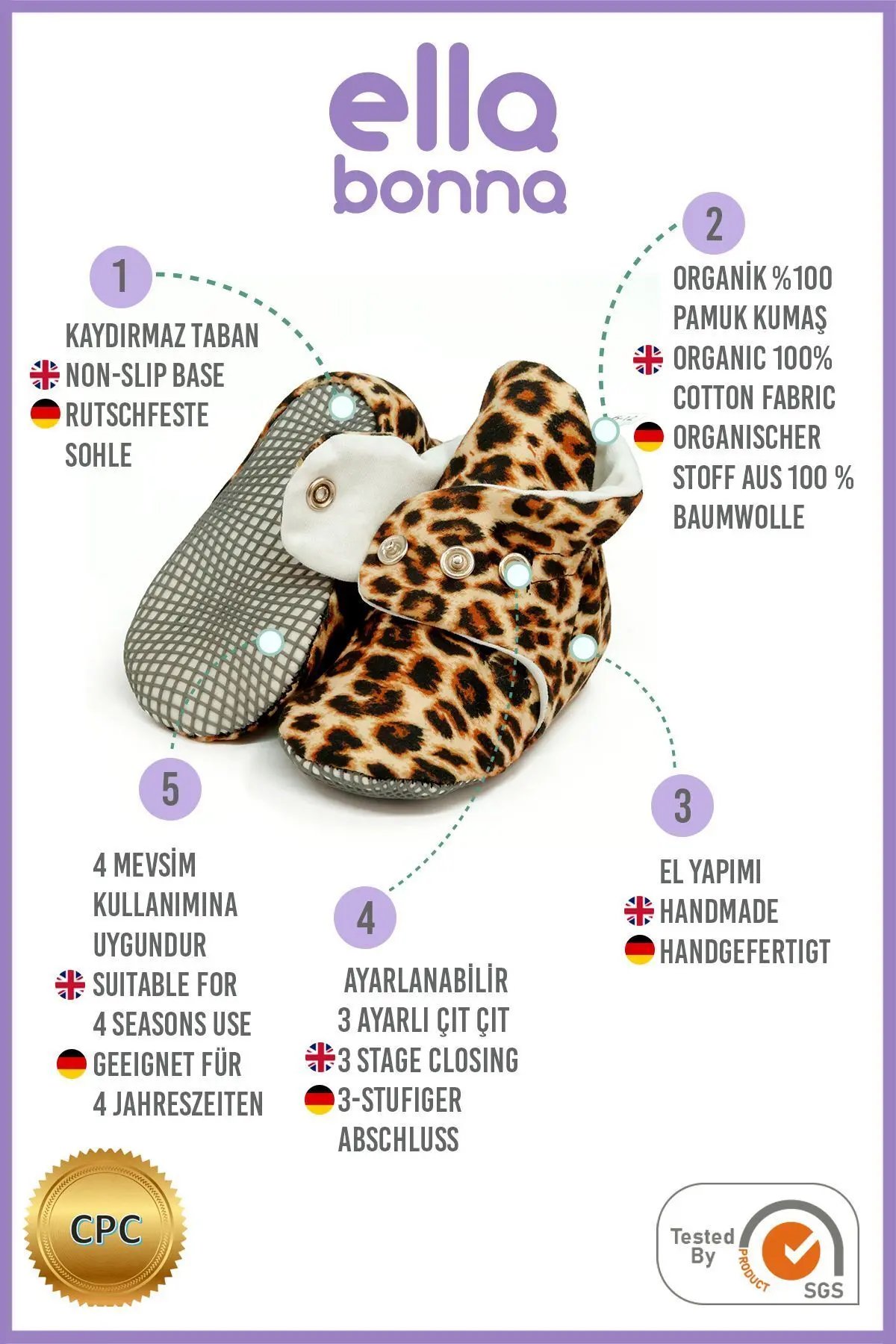 Organik Pamuk Bebek Patiği Kaydırmaz Taban Pamuklu Yenidoğan Pandufu Leopar