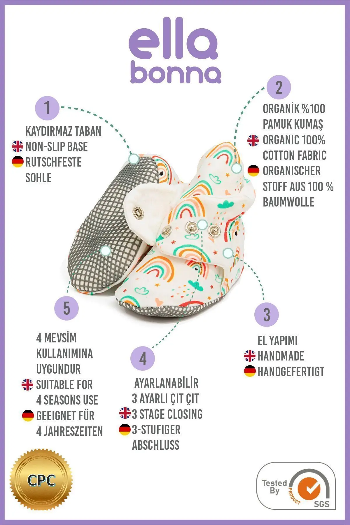 Organik Pamuk Bebek Patiği, Kaydırmaz Taban, Pamuklu Yenidoğan Pandufu Ev Kreş Ayakkabısı