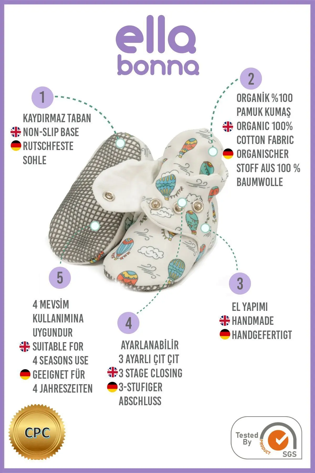 Organik Pamuk Bebek Patiği, Kaydırmaz Taban, Pamuklu Yenidoğan Pandufu Kapadokya