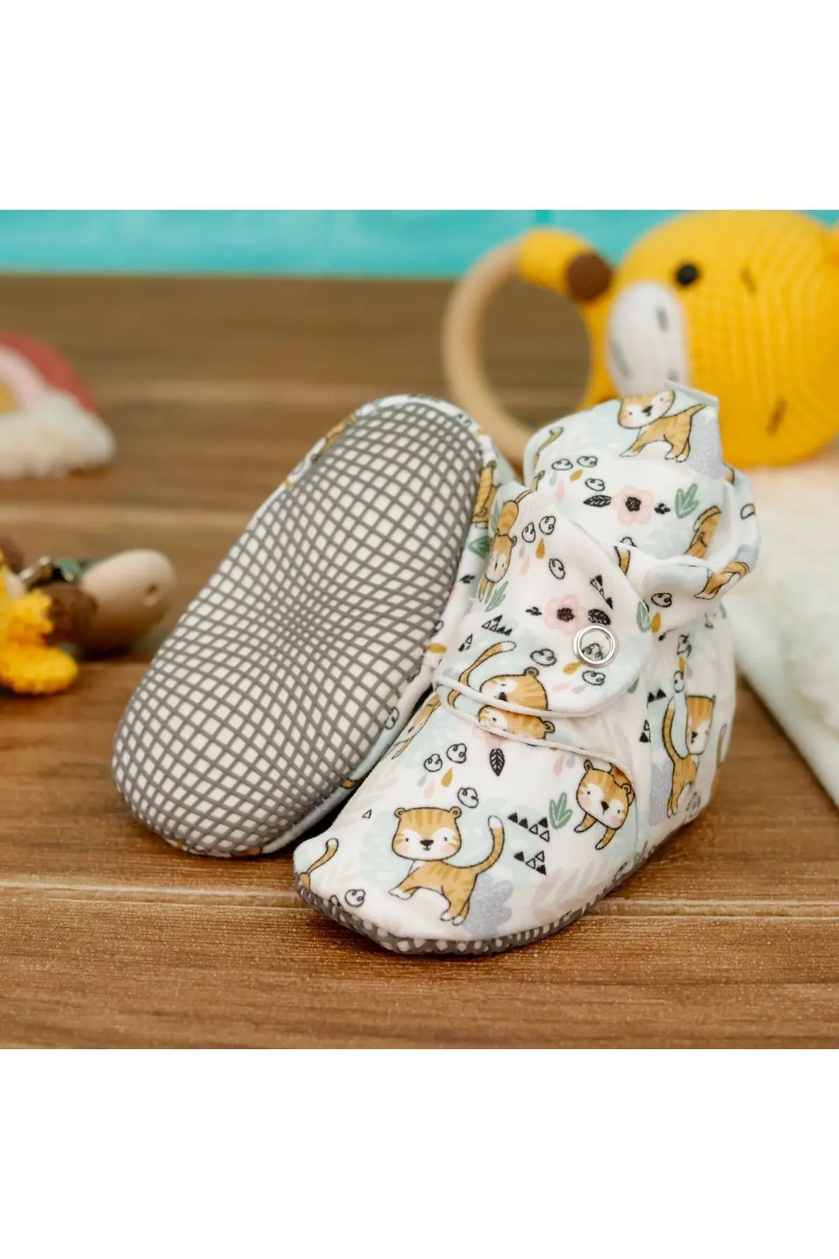 Organik Pamuk Bebek Patiği, Kaydırmaz Taban, Pamuklu Yenidoğan Pandufu Ev Kreş Ayakkabısı