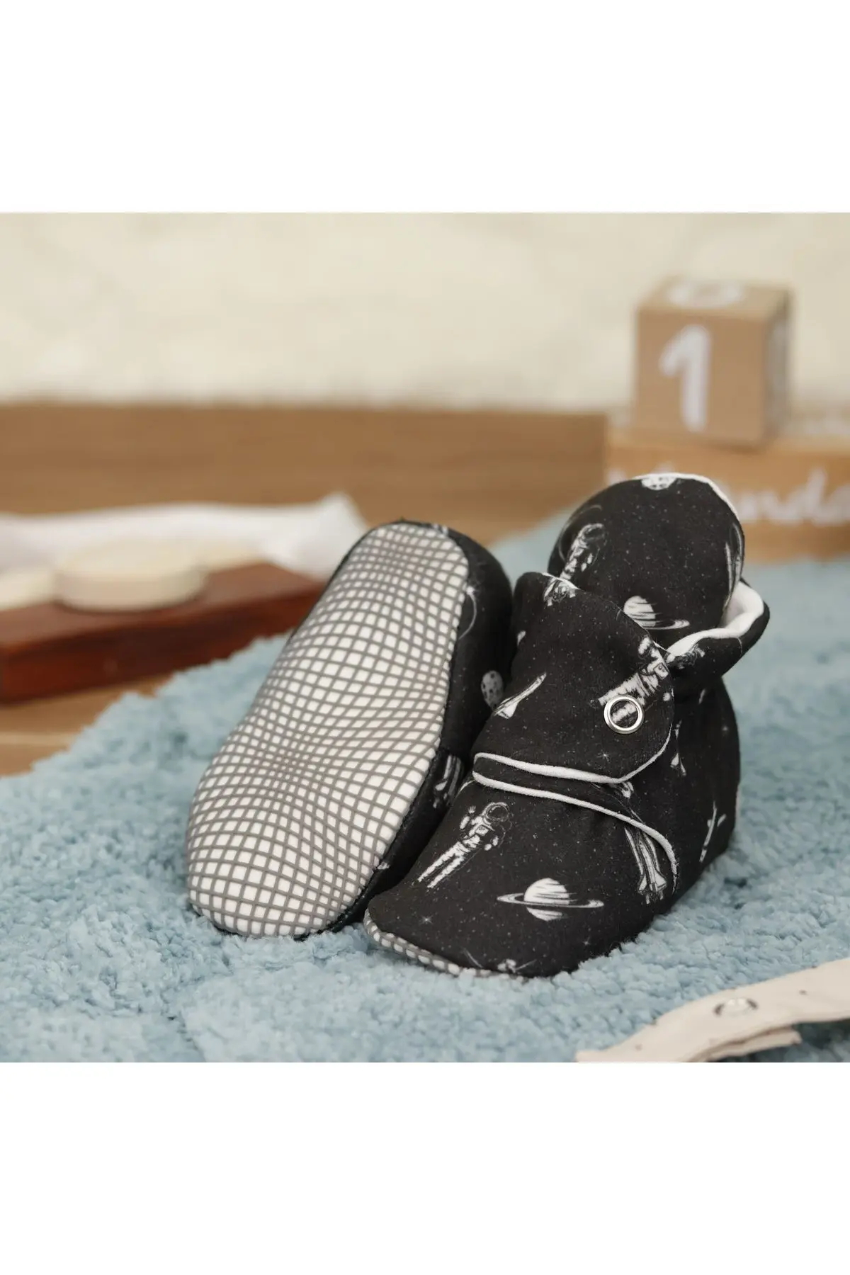 Organik Pamuk Bebek Patiği, Kaydırmaz Taban, Pamuklu Yenidoğan Pandufu Astronot