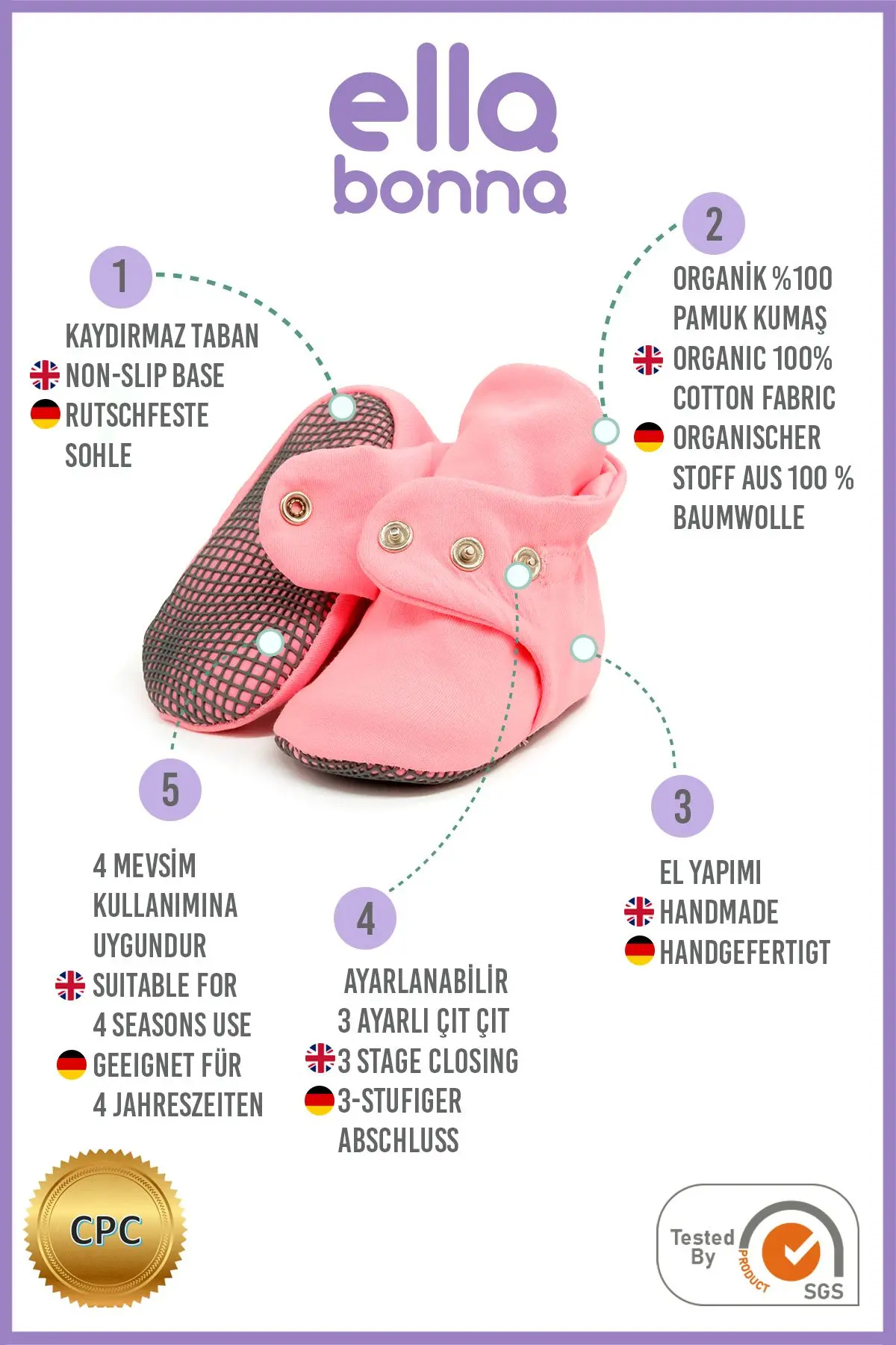 Organik Pamuk Bebek Patiği, Kaydırmaz Taban, Pamuklu Yenidoğan Pandufuev Kreş Ayakkabı