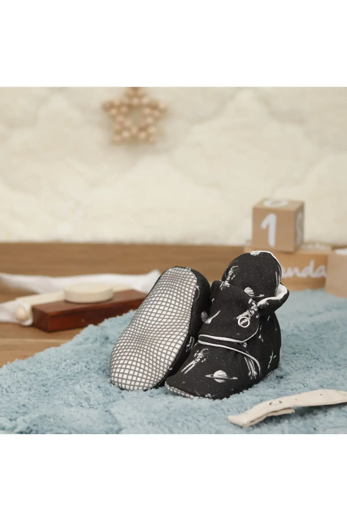 Organik Pamuk Bebek Patiği, Kaydırmaz Taban, Pamuklu Yenidoğan Pandufu Astronot