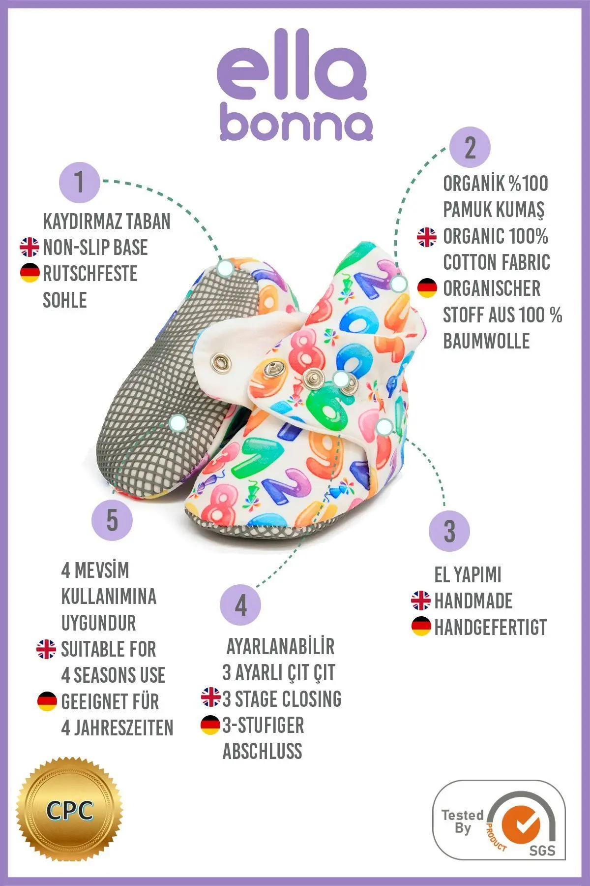 Organik Pamuk Bebek Patiği, Kaydırmaz Taban, Pamuklu Yenidoğan Pandufu Ev Kreş Ayakkabısı