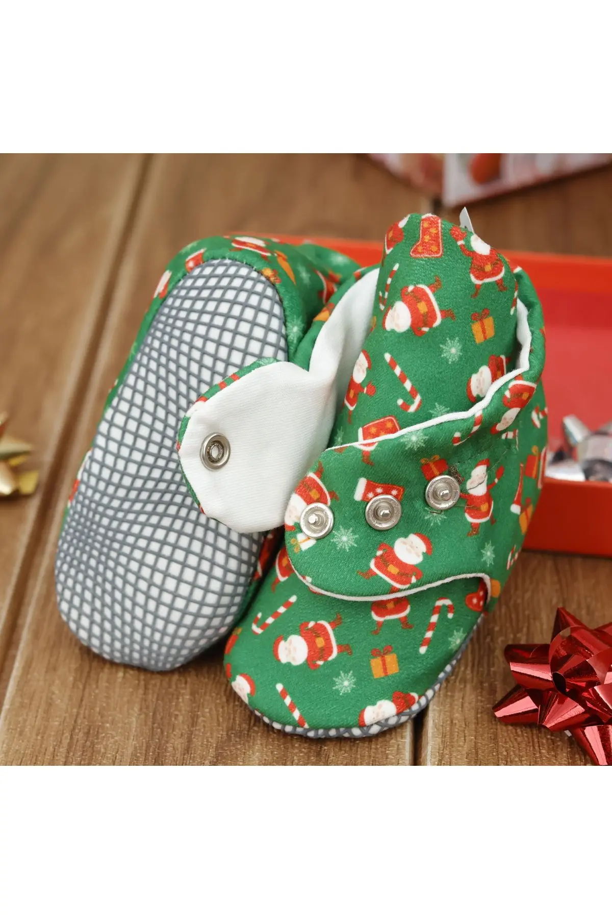 Organik Pamuk Bebek Patiği, Kaydırmaz Taban, Pamuklu Yenidoğan Pandufu Kreş Ayakkabısı Yılbaşı Özel