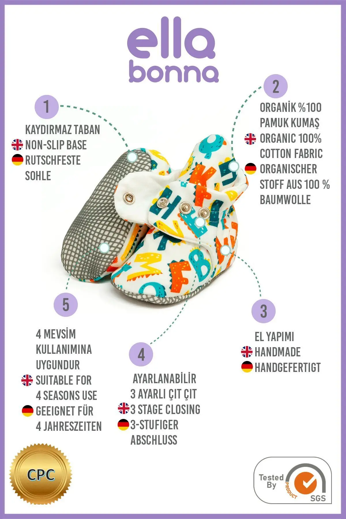 Organik Pamuk Bebek Patiği Kaydırmaz Taban Pamuklu Yenidoğan Pandufu Ev Kreş Ayakkabısı