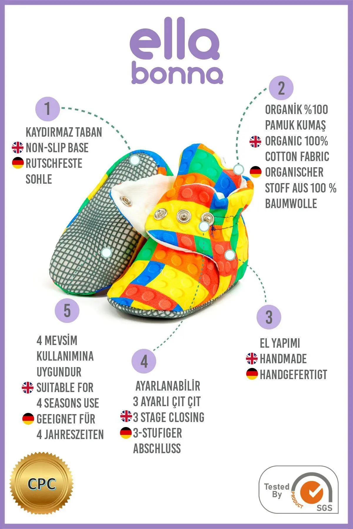 Organik Pamuk Bebek Patiği, Kaydırmaz Taban, Pamuklu Yenidoğan Pandufu Ev Kreş Ayakkabı