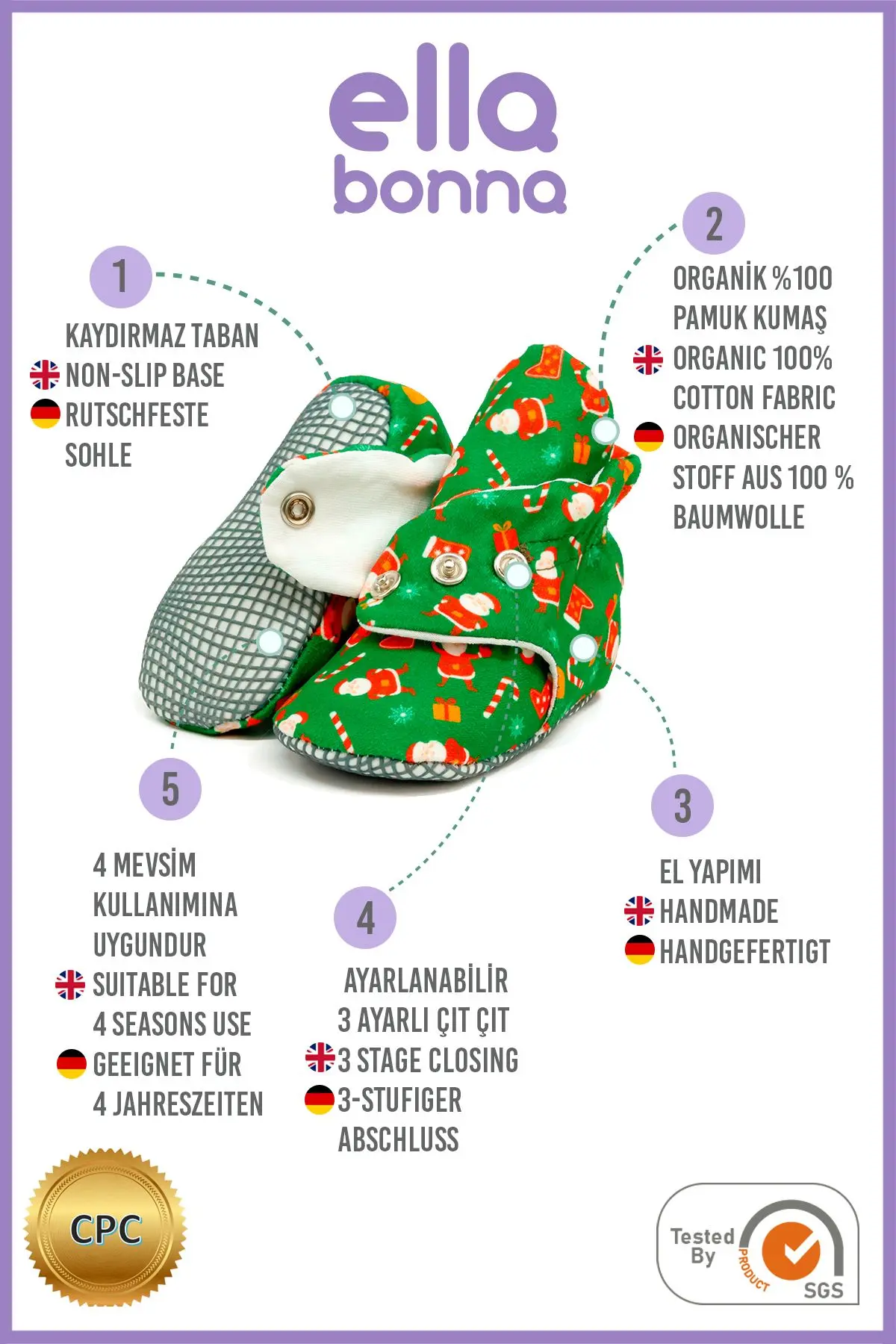 Organik Pamuk Bebek Patiği, Kaydırmaz Taban, Pamuklu Yenidoğan Pandufu Kreş Ayakkabısı Yılbaşı Özel