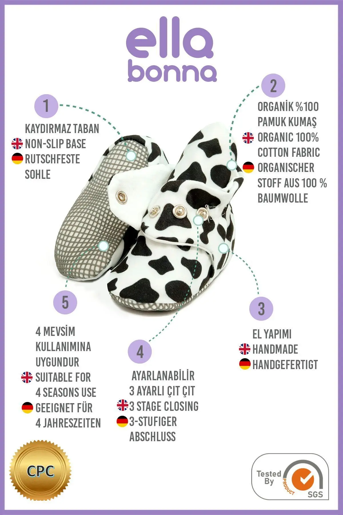 Organik Pamuk Bebek Patiği, Kaydırmaz Taban, Pamuklu Yenidoğan Pandufu Ev Kreş Ayakkabısı