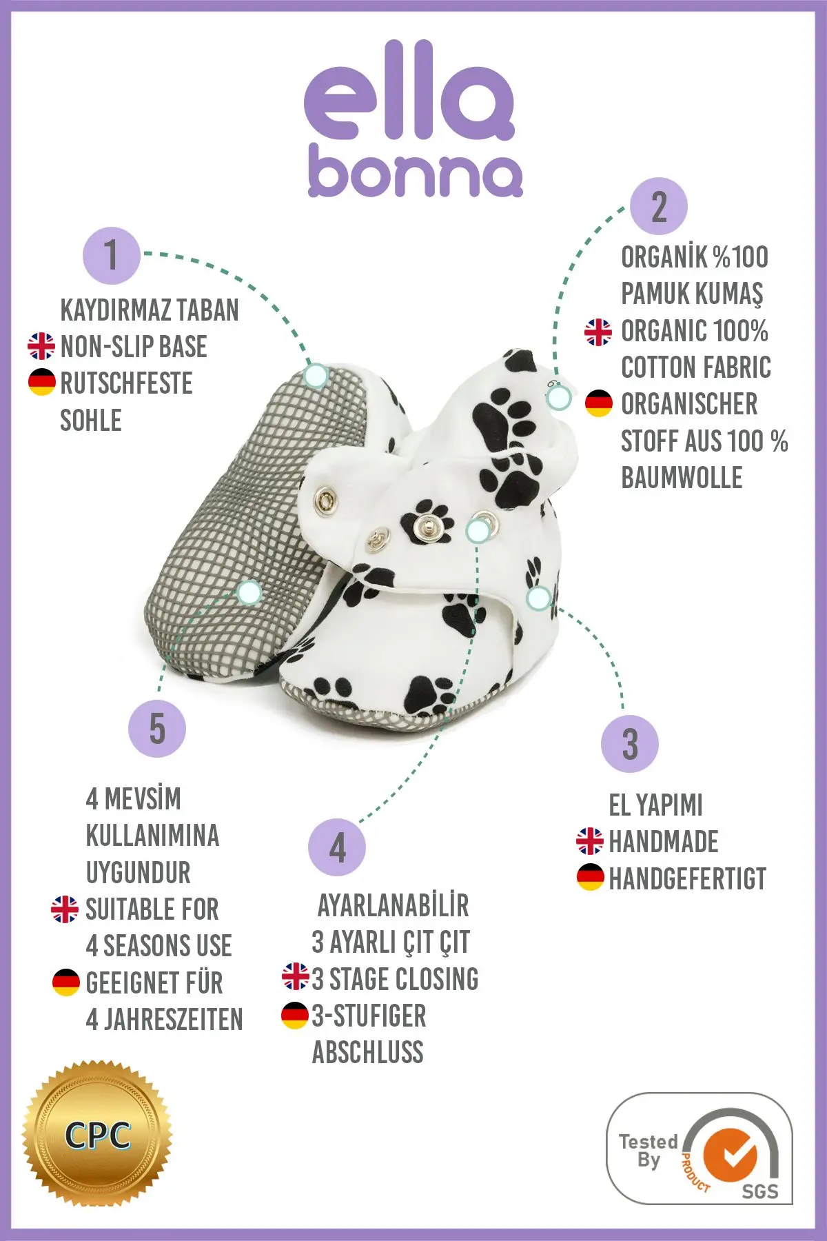 Organik Pamuk Bebek Patiği, Kaydırmaz Taban, Pamuklu Yenidoğan Pandufu Ev Kreş Ayakkabısı