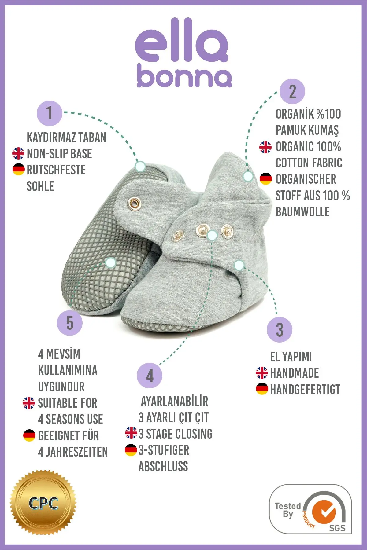 Organik Pamuk Bebek Patiği, Kaydırmaz Taban, Pamuklu Yenidoğan Pandufu Ev Kreş Ayakkabı