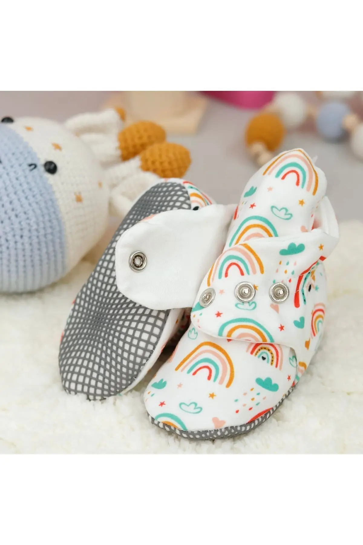 Organik Pamuk Bebek Patiği, Kaydırmaz Taban, Pamuklu Yenidoğan Pandufu Ev Kreş Ayakkabısı