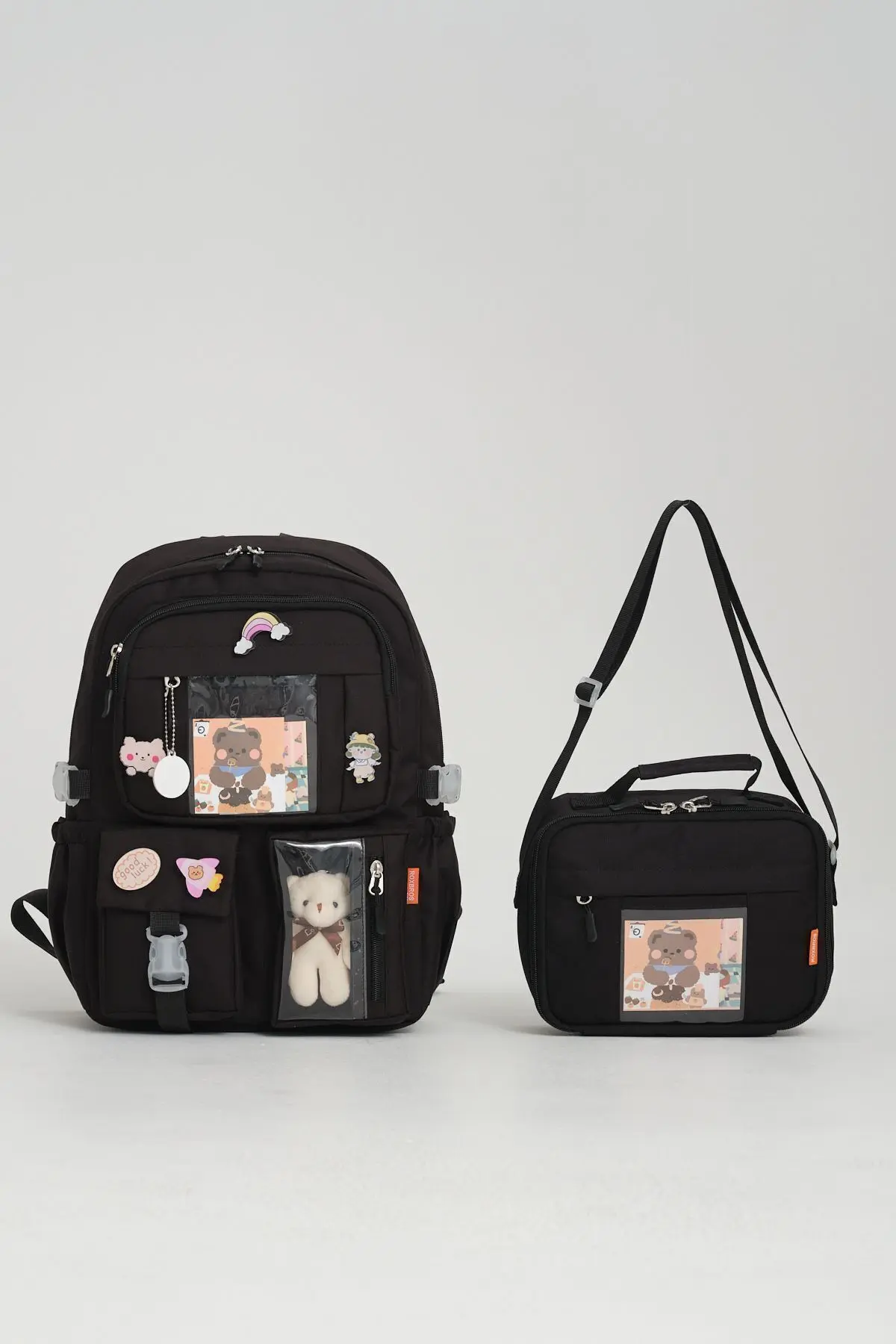 Roxbros Kawaii Kore Tarzı Aksesuarlı Ilkokul Sırt Çantası Ve Isı Yalıtımlı Termoslu Beslenme Çantası Set