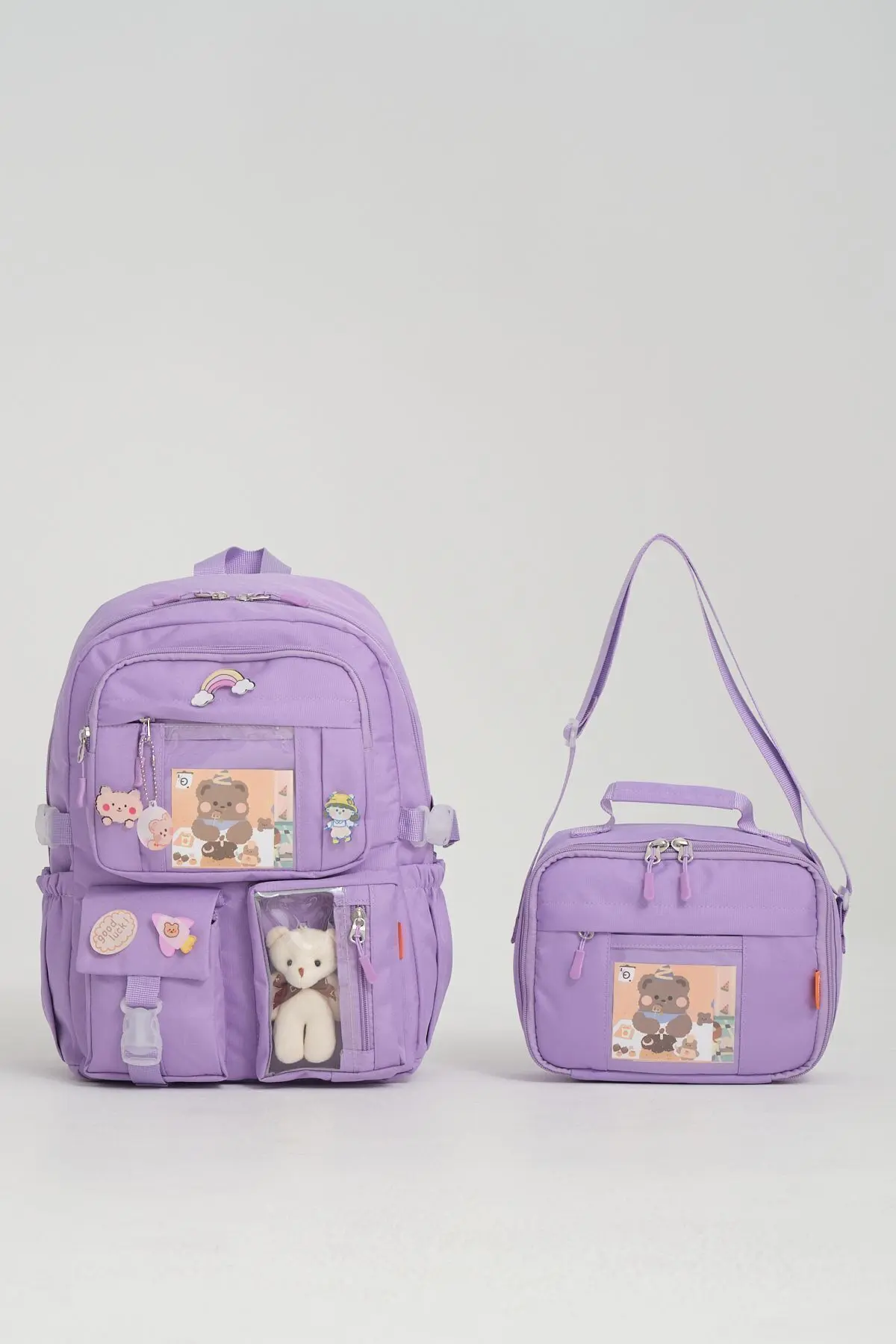 Roxbros Kawaii Kore Tarzı Aksesuarlı Ilkokul Sırt Çantası Kız Ve Isı Yalıtımlı Termoslu Beslenme Çantası Set