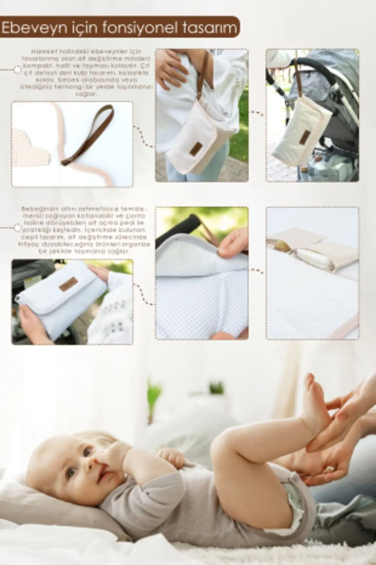 Bebek Çanta Alt Açma Minderi, Alt Değiştirme Pedi, Taşınabilir Bakım Çantası, Clutch Seri,kahverengi