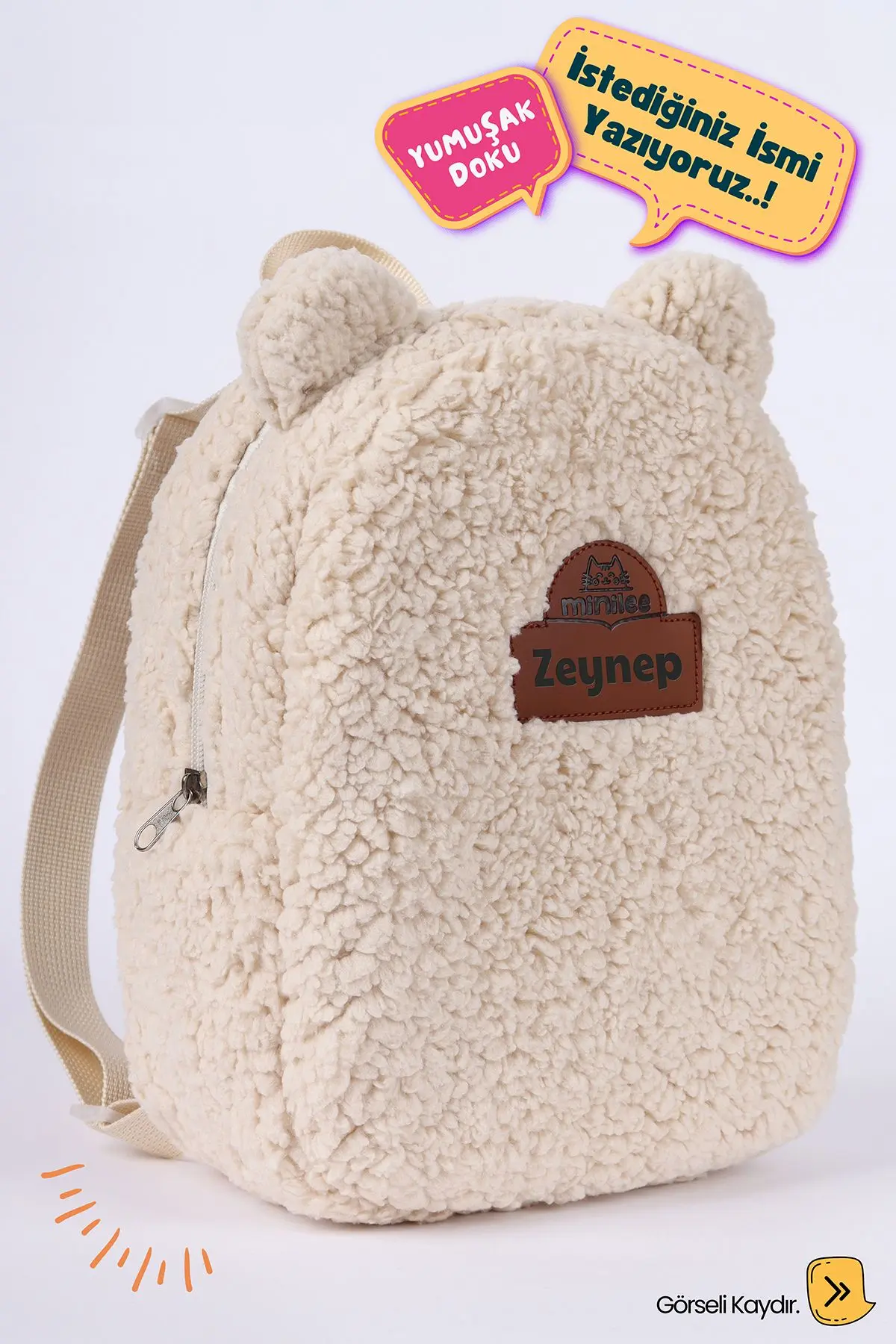 [İSTEDİĞİNİZ İSMİ YAZIYORUZ] - Teddy-Peluş Bej 0-8 Yaş - Kreş, Anaokulu Çocuk Sırt Çantası