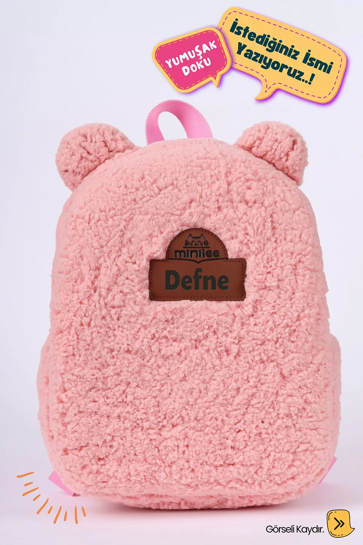 Minilee [İSTEDİĞİNİZ İSMİ YAZIYORUZ] - Teddy-Peluş Pembe 0-8 Yaş - Kreş, Anaokulu Çocuk Sırt Çantası