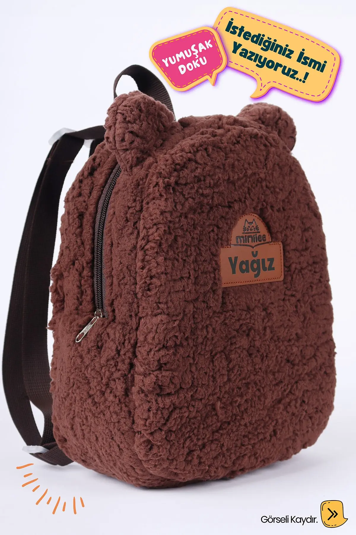 [İSTEDİĞİNİZ İSMİ YAZIYORUZ] - Teddy-Peluş Kahve 0-8 Yaş - Kreş, Anaokulu Çocuk Sırt Çantası
