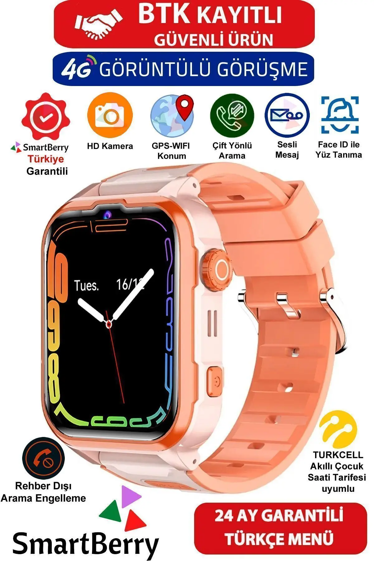 Smartberry Z50 Görüntülü Görüşme Gps Wıfı Net Konum Gizli Dinleme Akıllı Çocuk Takip Saati Sim Kartlı - Turuncu