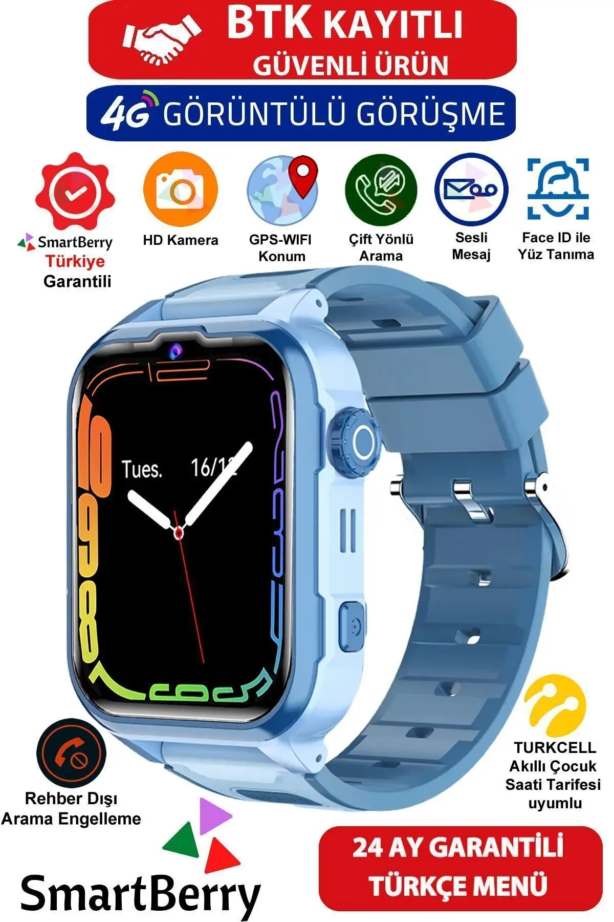 Smartberry Z50 Görüntülü Görüşme Gps Wıfı Net Konum Gizli Dinleme Akıllı Çocuk Takip Saati Sim Kartlı - Mavi