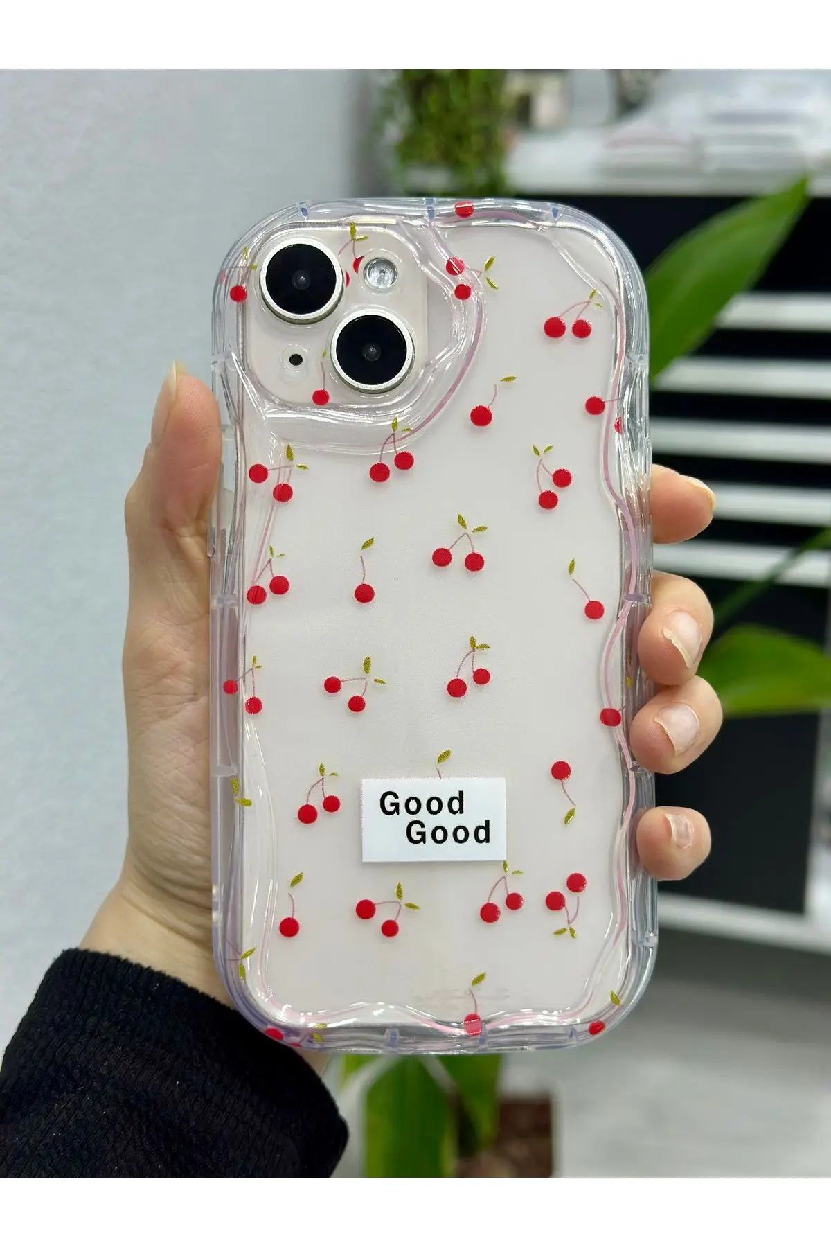 Iphone 13 Ve 14 Uyumlu 3d Dalgalı Cherry Baskılı Şeffaf Silikon Kılıf