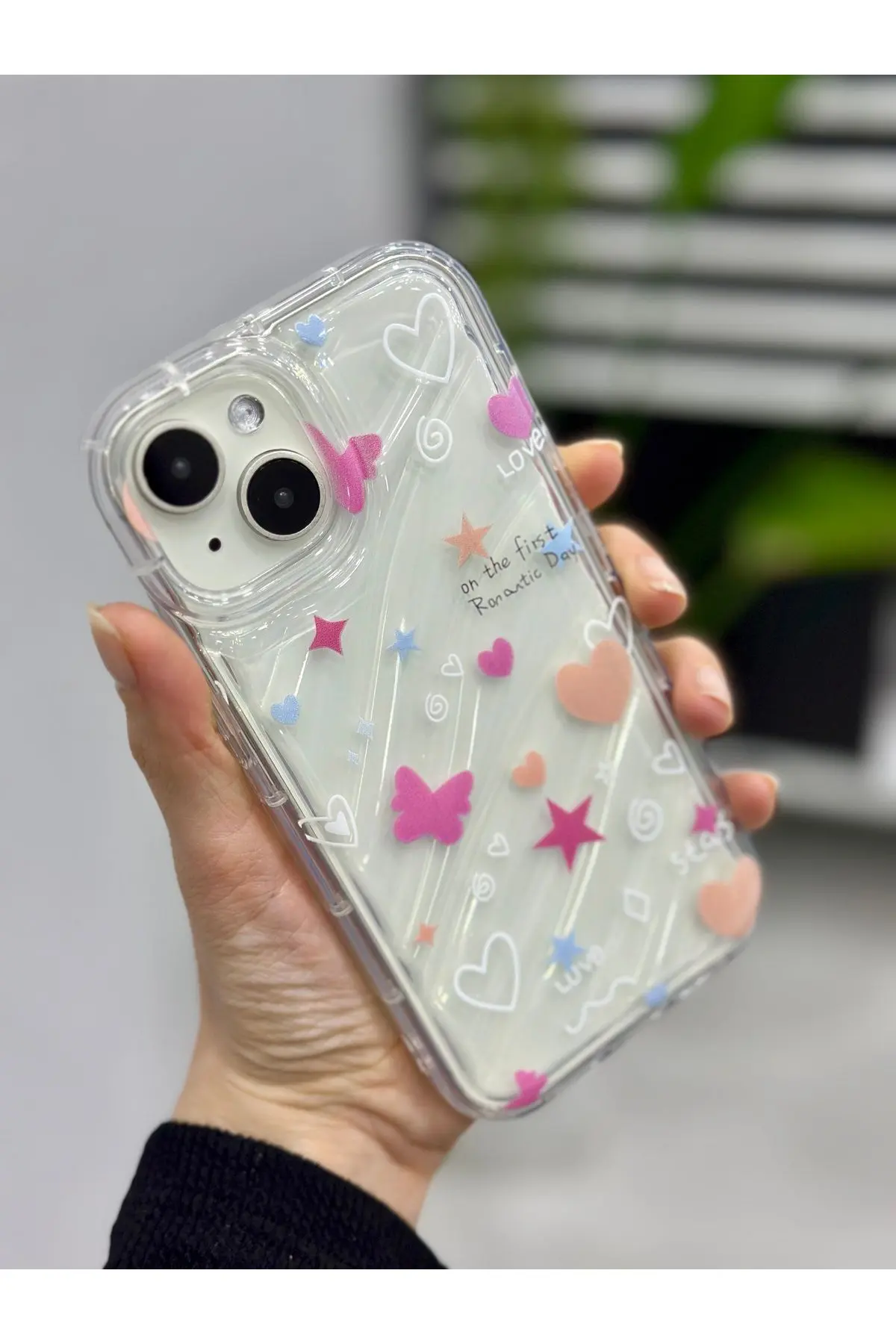 Iphone 13 ve 14  Uyumlu 3D KABARTMALI  Love Stars Baskılı Şeffaf SİLİKON Kılıf