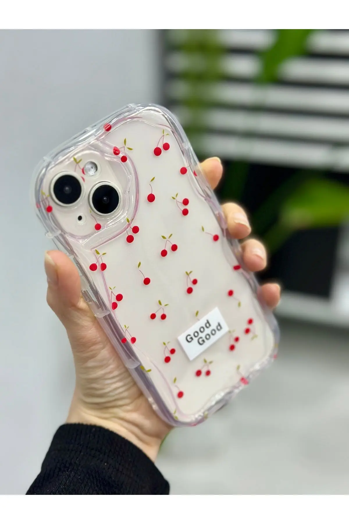 Iphone 13 Ve 14 Uyumlu 3d Dalgalı Cherry Baskılı Şeffaf Silikon Kılıf