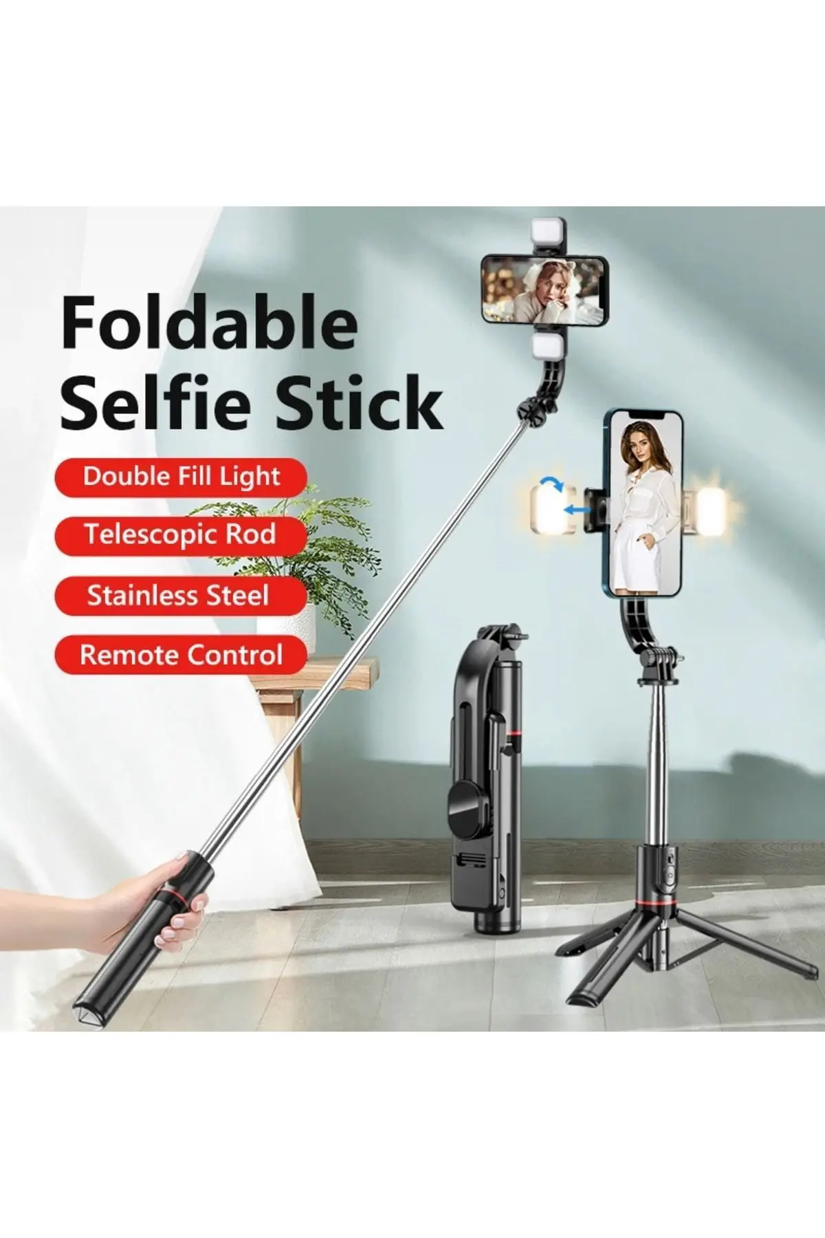 Çift Işıklı 3 Renkli Uzaktan Kumandalı 116 Cm Tripod, Özçekim Ve Selfie Çubuğu